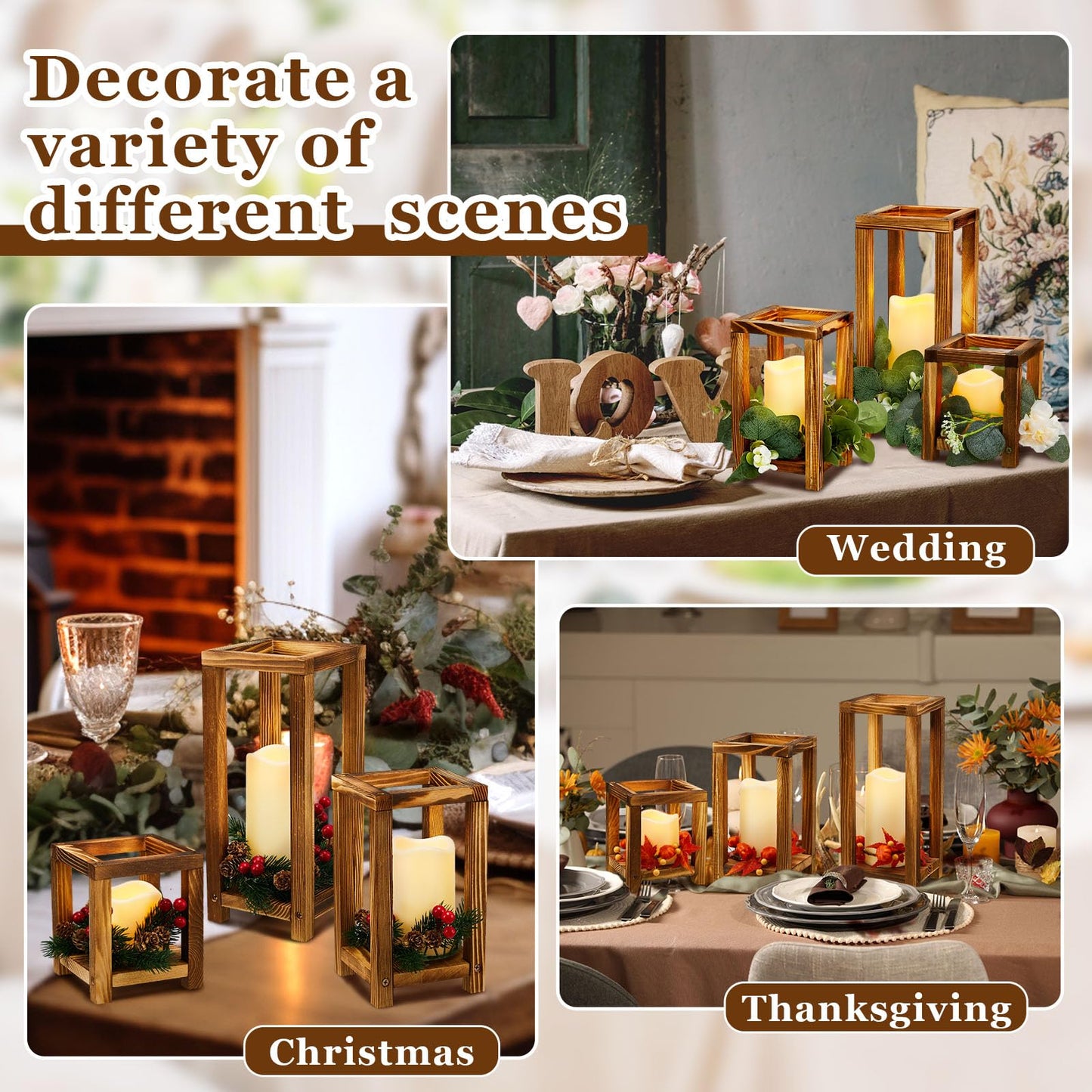 24 Pcs Wooden Candle Lantern Include 12 Wedding Lantern Centerpiece 12 Flameless Decorative Candles Holders Wedding Centerpieces for Tables Party Decor(Brown)