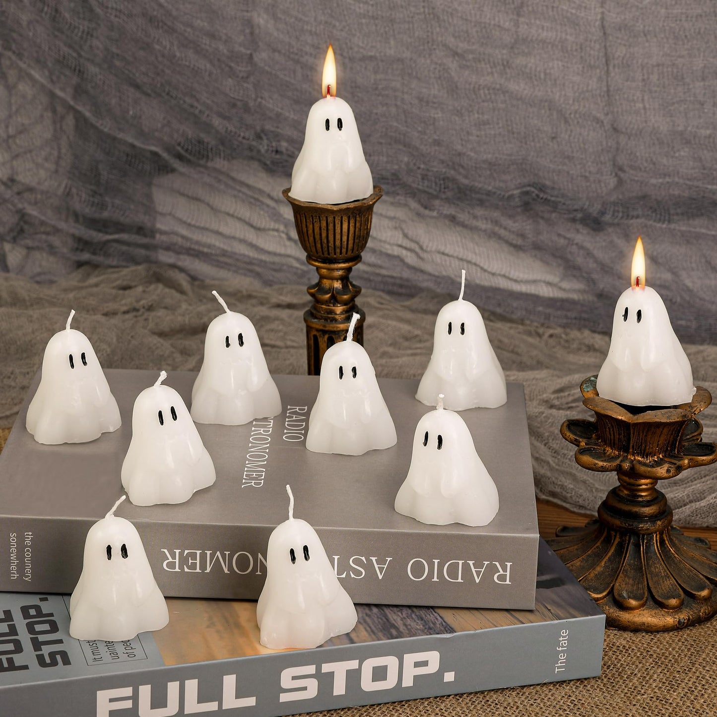 EBaokuup 10 PCS 2'' X 1.6'' Halloween Ghost Candles, Ghost Shaped Decor Candles, Fun Face Spooky Burning Candle for Halloween Party Home and Table Decorations
