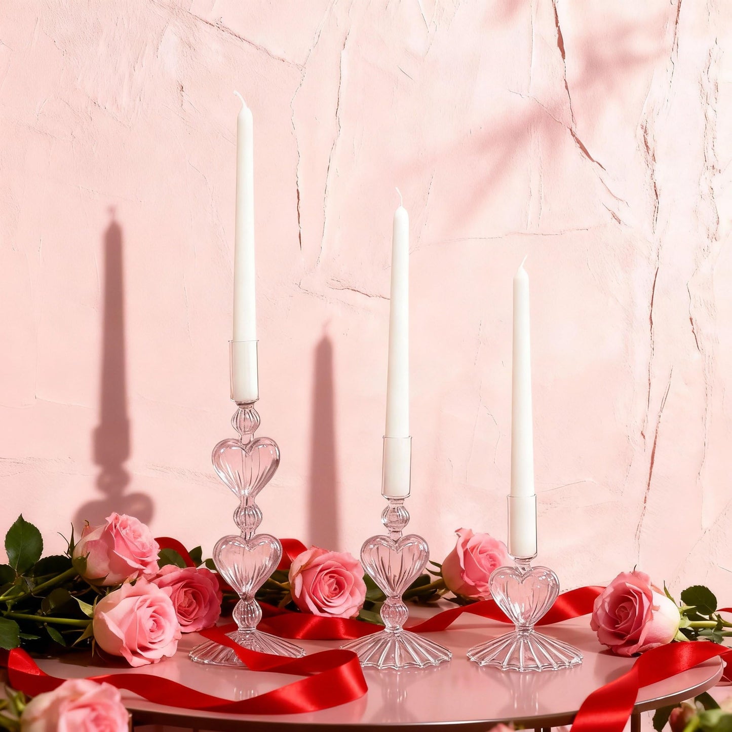 Mumufy 3 Pcs Valentine's Day Glass Candlestick Holders Heart Glass Taper Candle Holder Valentines Heart Candle Stick Vase Decor for Galentine's Day Wedding Festival Party Table Centerpiece(Clear)