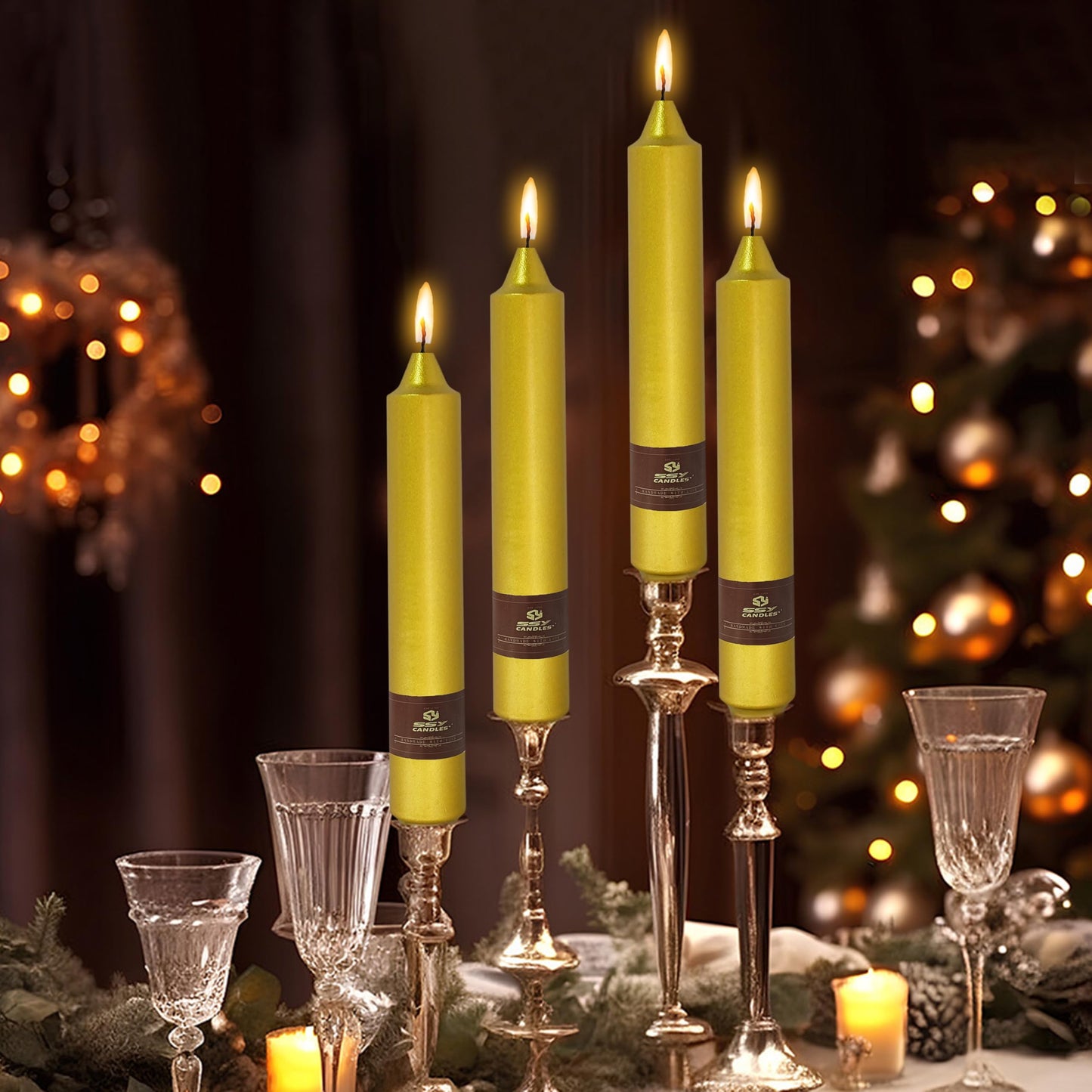 Christmas Metallic Gold Candle 9 Inch Tall Smokeless Taper Candles 4 Pack Unscented Dinner Candle for Christmas Dinner