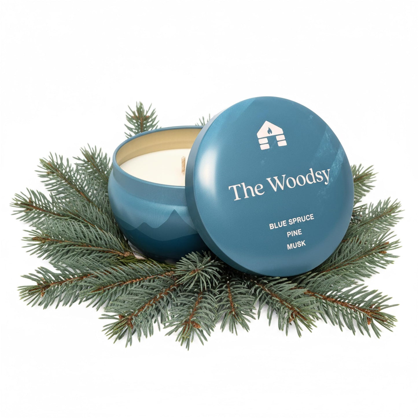 Bluecorn Aromática Scented Candle Tin, The Woodsy, Blue Spruce, Pine & Musk, Vegan Coconut Wax, Clean Burning & Long Lasting Christmas Tree Candle, Winter Home Decor, Gifts, Made in USA, 8 Oz