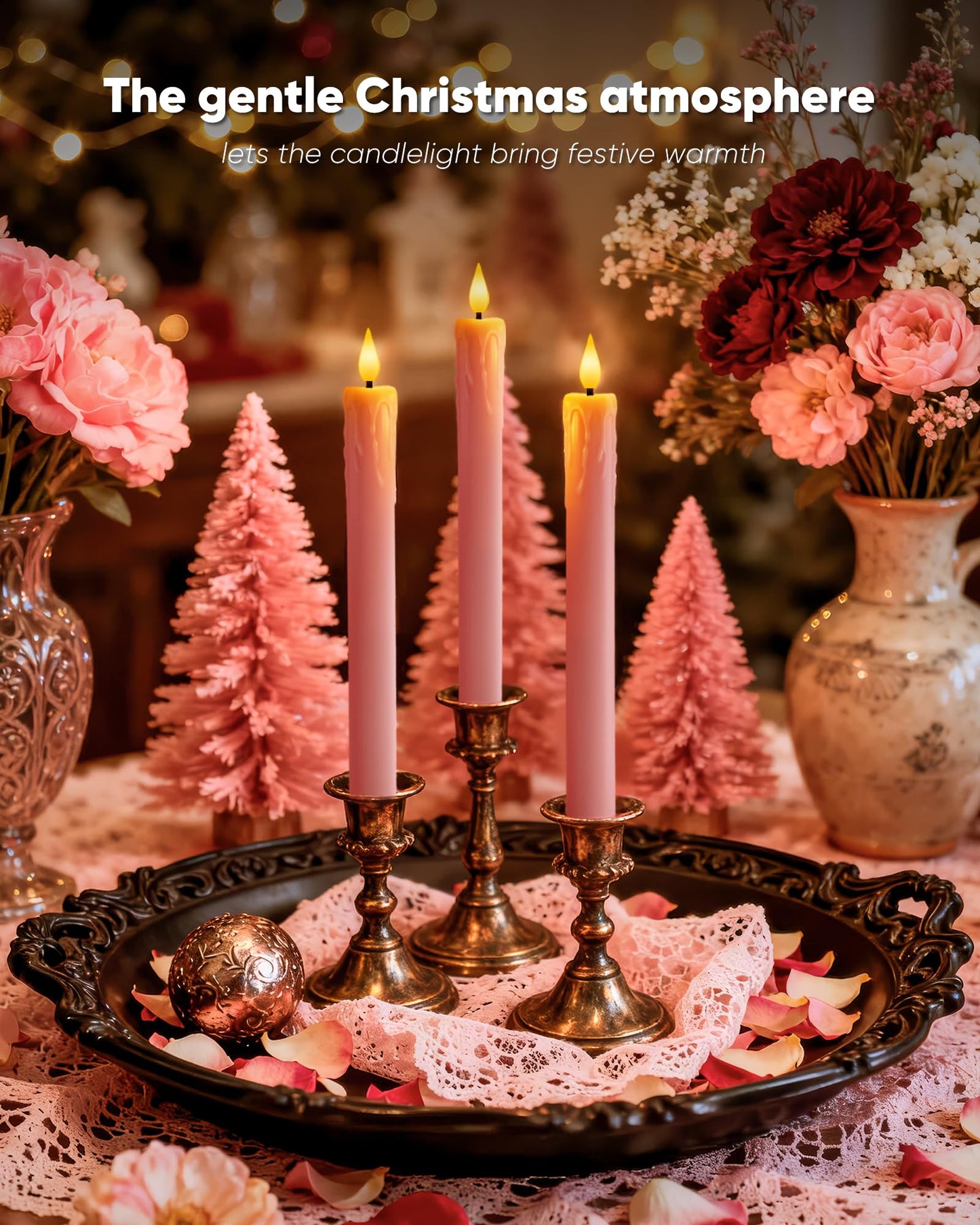 Homemory 6 Pcs Real Wax Pink Flameless Taper Candles with Remote Timer, 9.6 Inches LED Fake Candlesticks, LED Candle with 3D Flickering Flame for Romantic Wedding, Dinner, Xmas Anniversary Decor