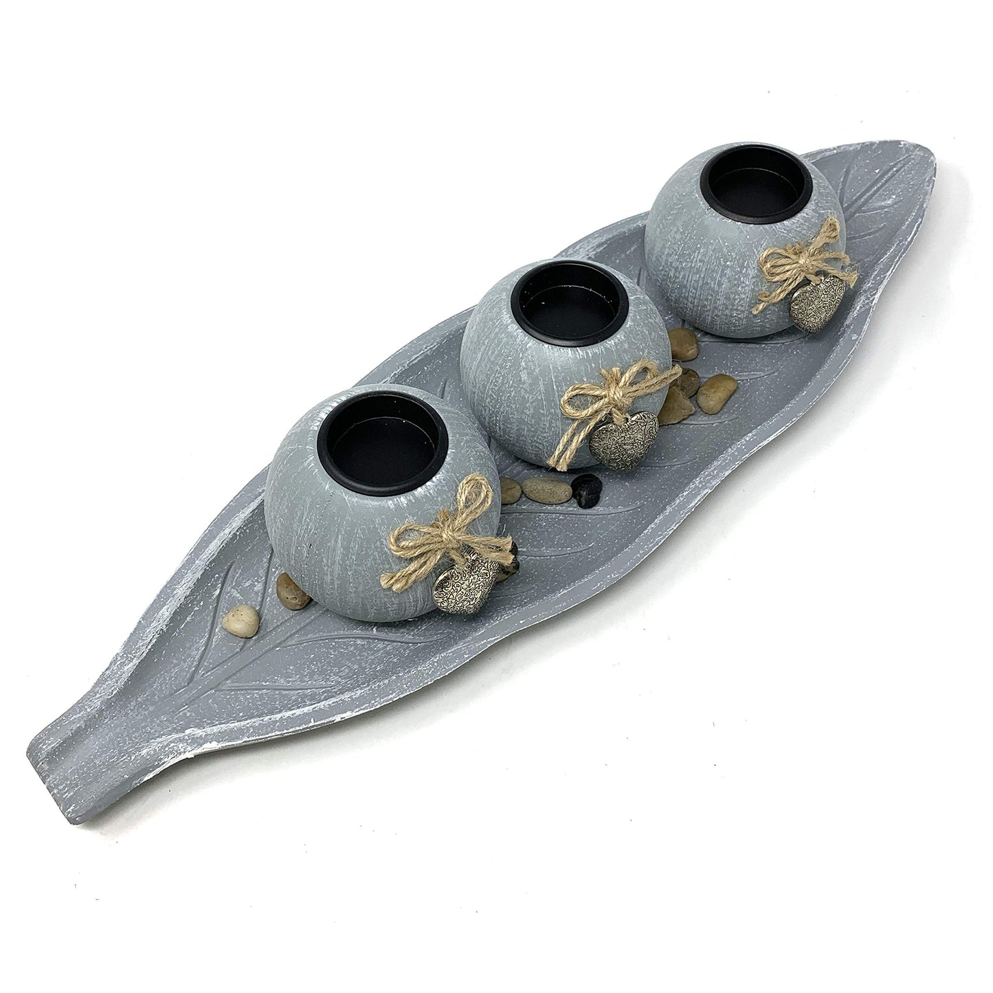 allgala HD90403 Wooden Candle Holder Tray 3 Ball Orbs Set Tealight Centerpiece with Pebbles on Leaf Tray for Coffee Table Dining Table Accents Bowl for Living Room Décor (Green)