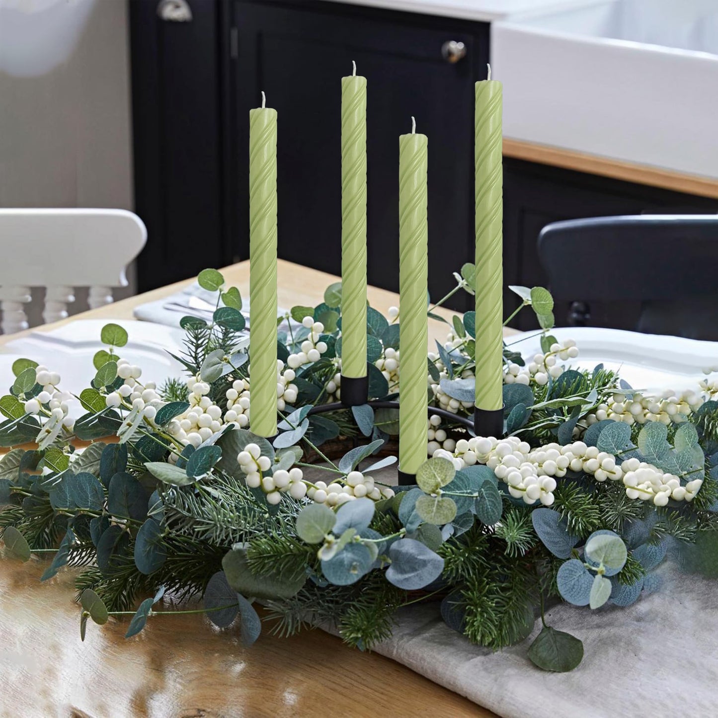 Dripless Taper Candles Unscented Grass Green Spiral Candles Smokeless Long Dinner Candles 10 Inch Long Lasting Burn Candlesticks for Home Decoration Christmas Gifts (2Pcs)