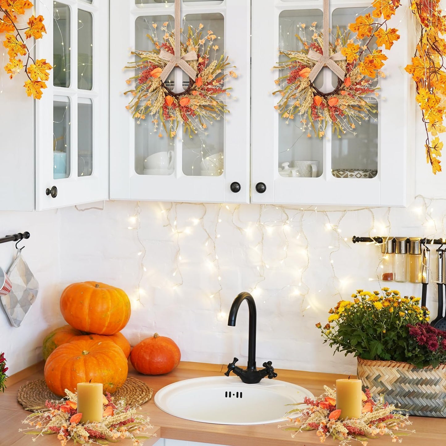 6 Pcs Fall Candle Rings 9 inch Thanksgiving Autumn Wreaths with Flowers for Tables Artificial Farmhouse Candle Rings Wreath for Front Door Porch Wall Window Decorations