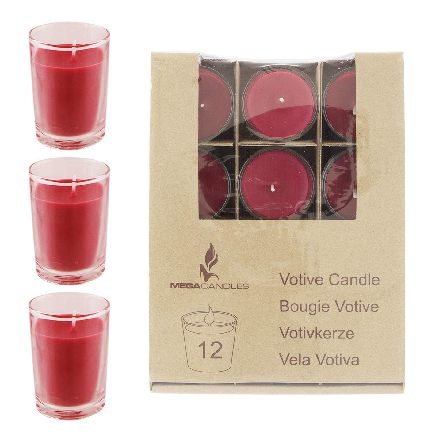 Mega Candles 12 pcs Unscented Glass Red Container Candle, Votive Candles 12 Hour Burn Time 2 Inch x 2.5 Inch, Home Décor, Wedding Receptions, Occasions, Events, Festivities, Meditations, Prayers
