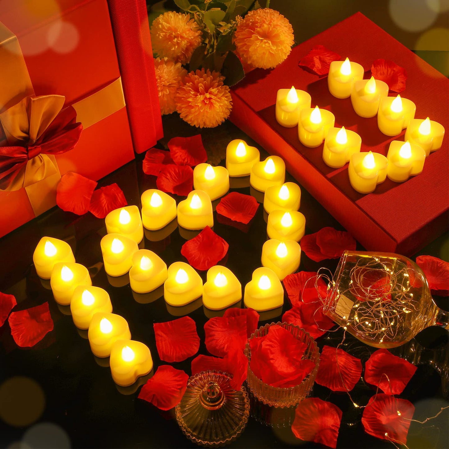 Coume 120 Pcs Romantic LED Heart-Shaped Candles with 6000 Rose Petals Set, Perfect for Weddings, Anniversaries, Home Decor, Date, Valentine’s Day, Battery-Operated, Reusable (Warm White Light)