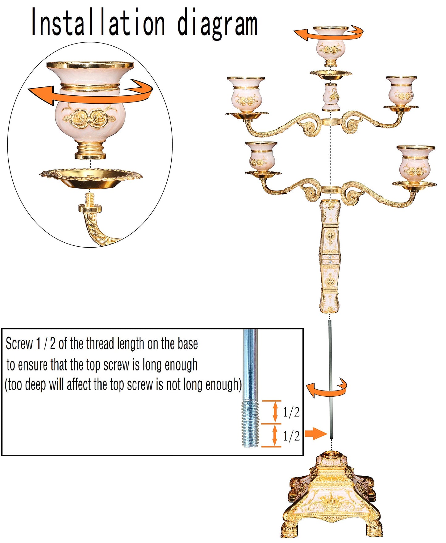 RosyLine Metal Candelabra 17" Height, Candle Holder with 5 Arms,Antique Bronze Furnish Candle Holder, Centerpiece for Home Decro,Wedding Event, Party,1 Pack (Golden)