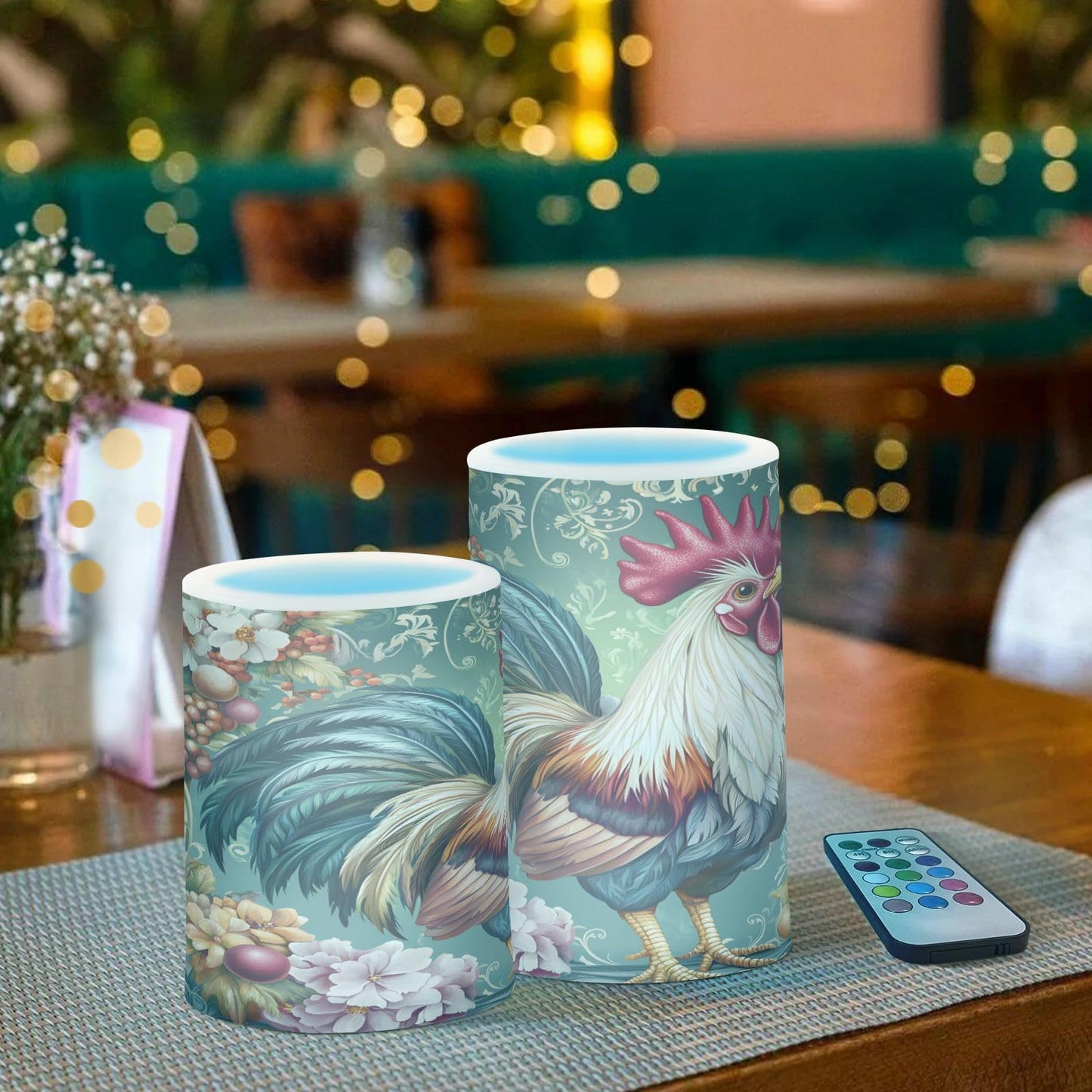 ALAZA Chicken Rooster Flickering Flameless Candles Battery Operated with Remote Timer,Tea Light Candles LED Pillar Votive Candles Set of 2 for Outdoor Indoor Decorations