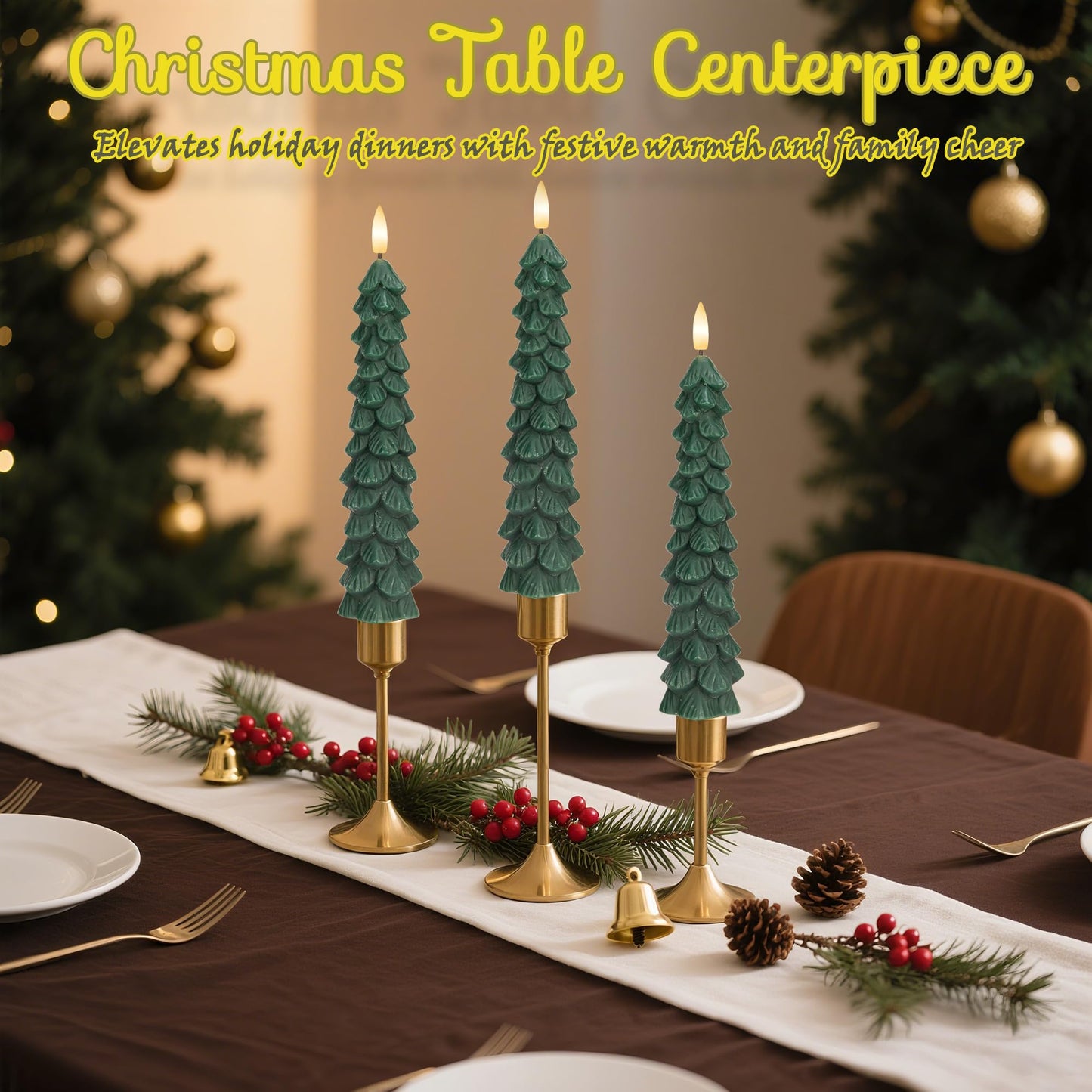 JOIONE Christmas Tree Flameless Taper Candles with Remote 3 Packs, Battery Operated Real Wax LED Candlesticks with 3D Flickering Flame, Perfect for Holiday, Christmas and Home Decor, Green