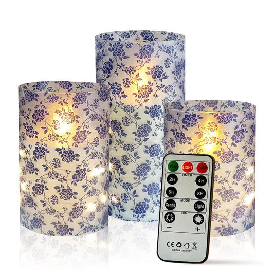 Flickering Flameless Candles Vintage Blue Floral Print, Embedded Star String Lights, Battery Operated Acrylic LED Pillar Candles with 11-Key Remote and Timer for Home Decoration, 3 Pack