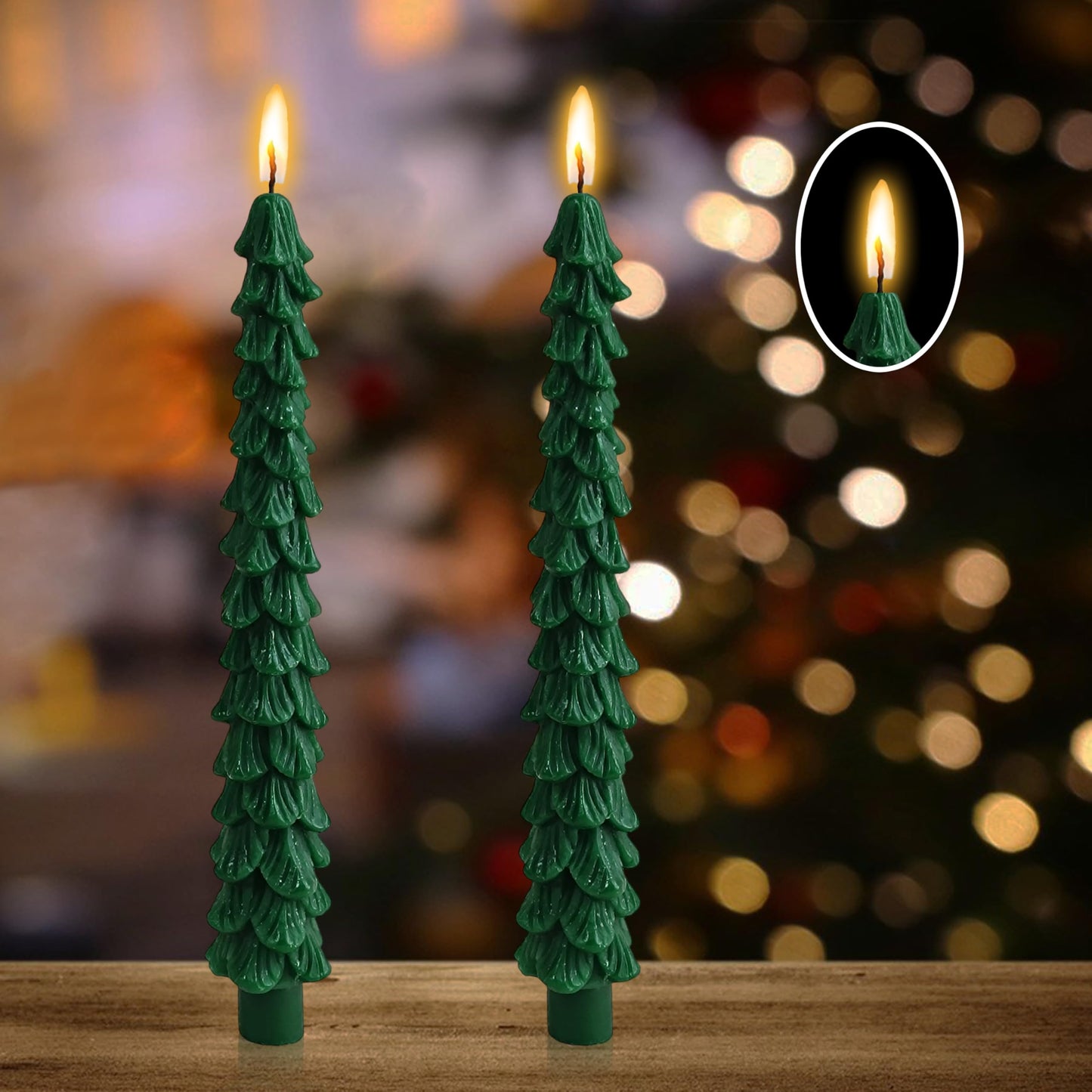 Green Christmas Tree Shaped Taper Candles 10 Inch Xmas Eve Holiday Candle Unscented Candlesticks for Christmas Party Room House Kitchen Decor Wedding Decorations Gift, 2 Pack