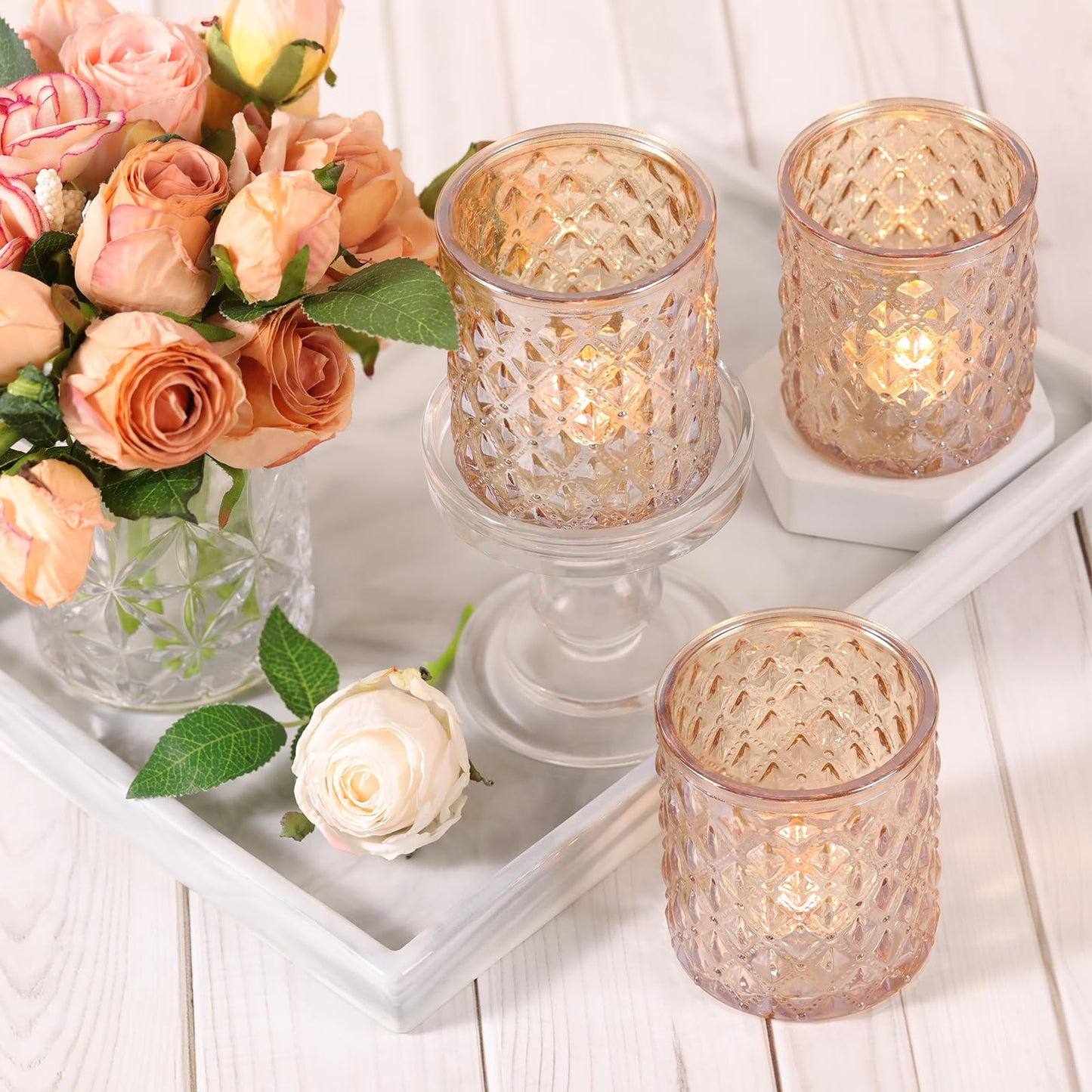 MATAHUM 12 Pcs Large Votive Candle Holders 2.8 * 3.2inch Gold Tea Light Candle Holders Glass Candle Holder for Bridal Shower, Wedding, Table Centerpiece, Party, Home Decor