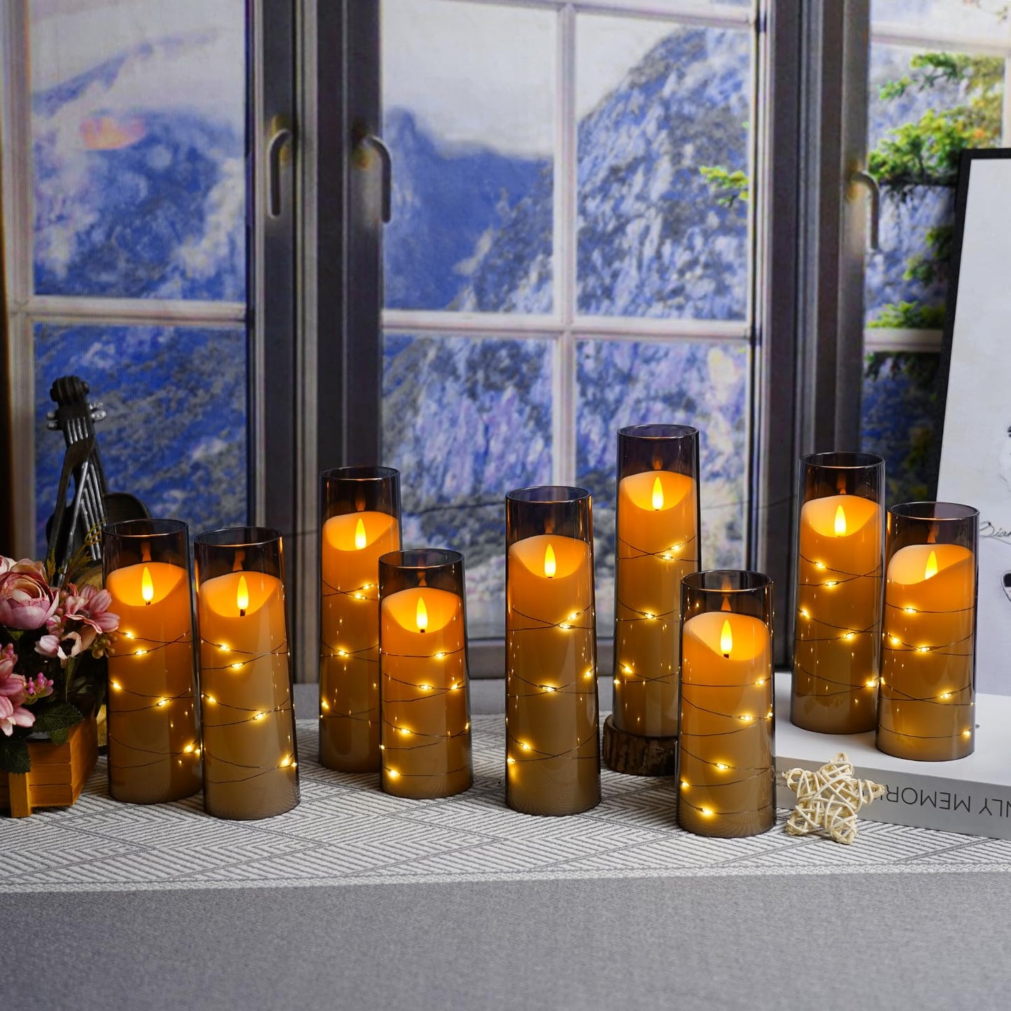 Eebuss Flameless Candles with Embedded Star String, Battery Operated LED Pillar Candles with Timer and Remote Control,Home Decorating for Ambiance， Set of 9(Grey)