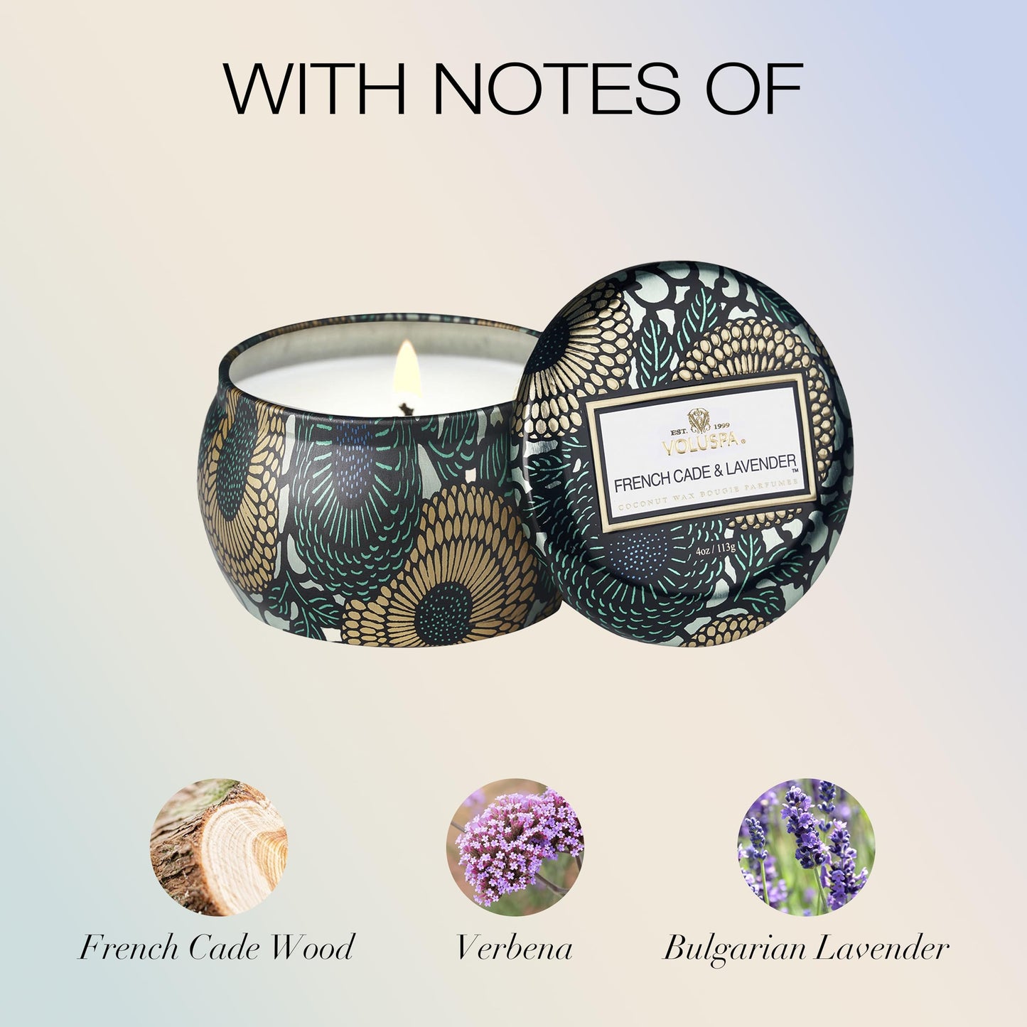 Voluspa French Cade Lavender, Mini Tin Candle, 4 oz, 25 Hour Burn Time, Coconut Wax for Clean Burning, Handcrafted in the USA