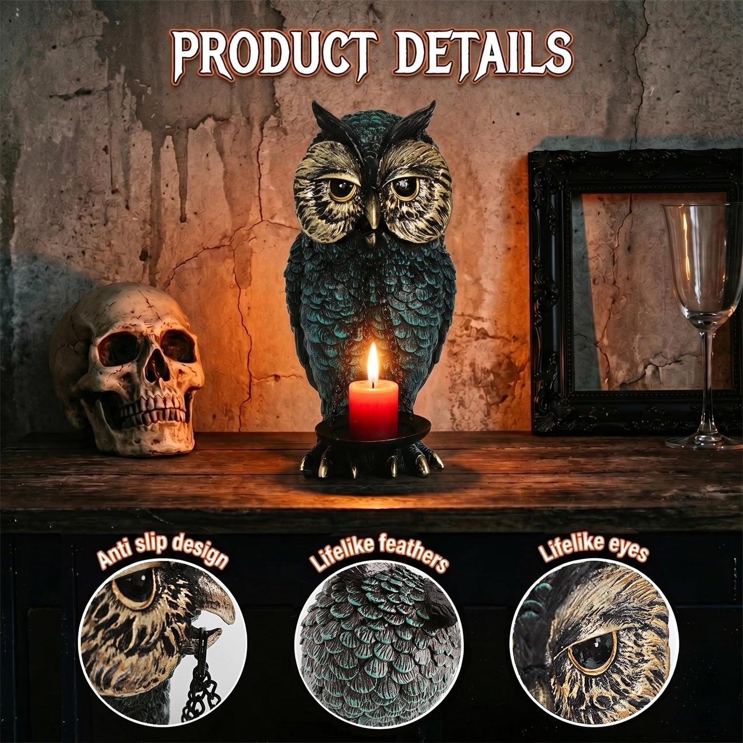 Gothic Home Decor Owl Candle Holder Tealight Stand Resin Statue for Living Room Bedroom Halloween Spooky Ornaments Unique Bird Decor Blue