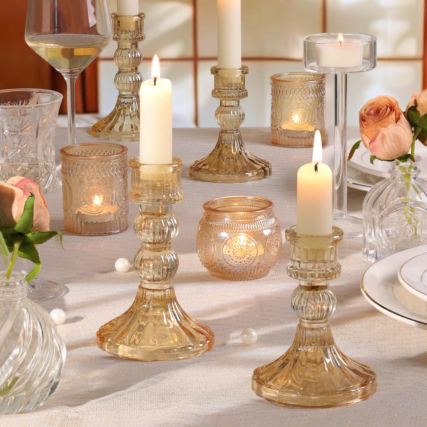 DARJEN 6Pcs Gold Candlestick Holders Set - 4" H & 5" H Striped Taper Candle Holders Bulk, Glass Candle Holders for Wedding, Festival, Party, Table Centerpiece, Gifts