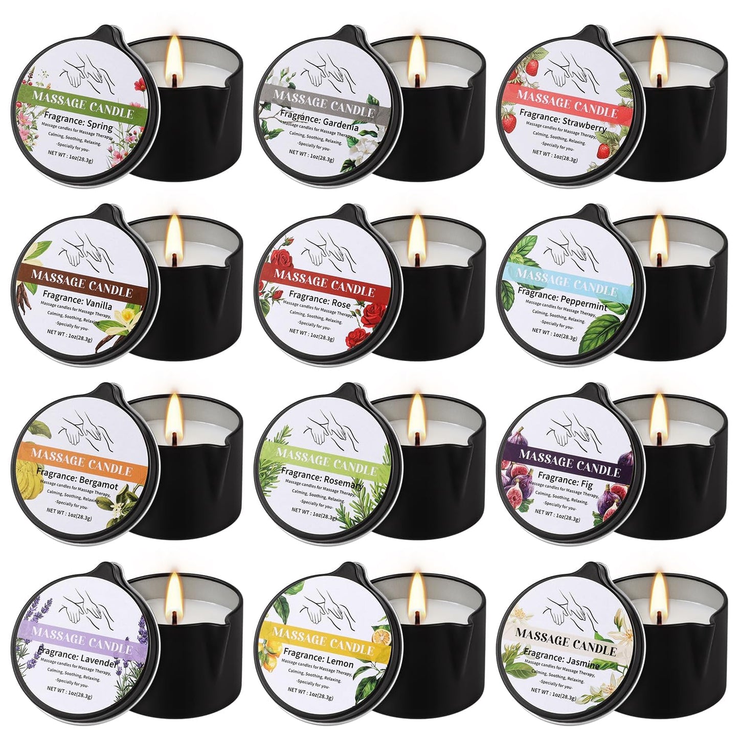 12-Pack Massage Candle Set - Low Temperature Soy Wax Melts into Silky Smooth Massage Oil, 1oz Aromatherapy Candles for Couples, Home Spa, Relaxation & Romantic Gifts (12 Scents)