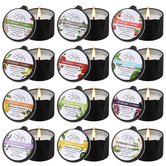 12-Pack Massage Candle Set - Low Temperature Soy Wax Melts into Silky Smooth Massage Oil, 1oz Aromatherapy Candles for Couples, Home Spa, Relaxation & Romantic Gifts (12 Scents)