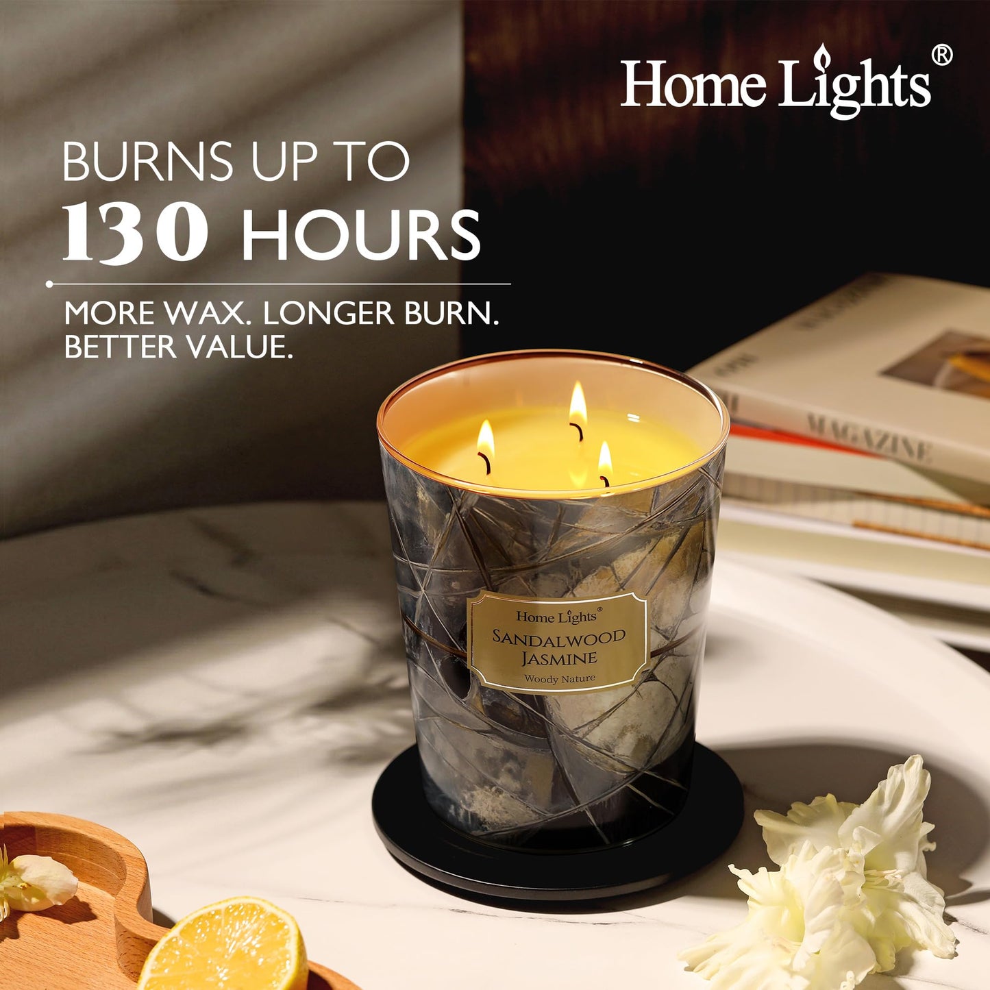 HomeLights Soy Wax Candles for Home Scented, 3-Wick Candles in Sandalwood Jasmine Scented, Industrial Chic Aromatherapy Candles Gift for Parties, Relaxing, 34oz
