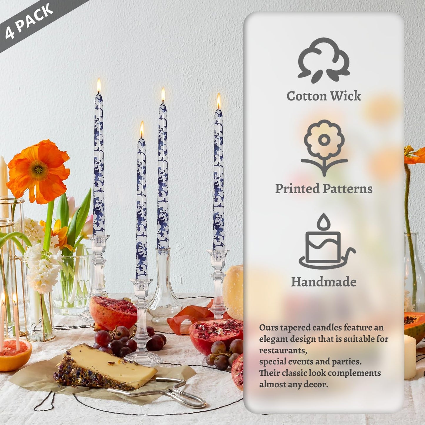 Unscented Floral Taper Candle Spiral Candlesticks - Set of 4 Handmade Blue and White 10 Inch Long Candle Sticks Print Tapered Candles for Home Wedding Dinner Gifts