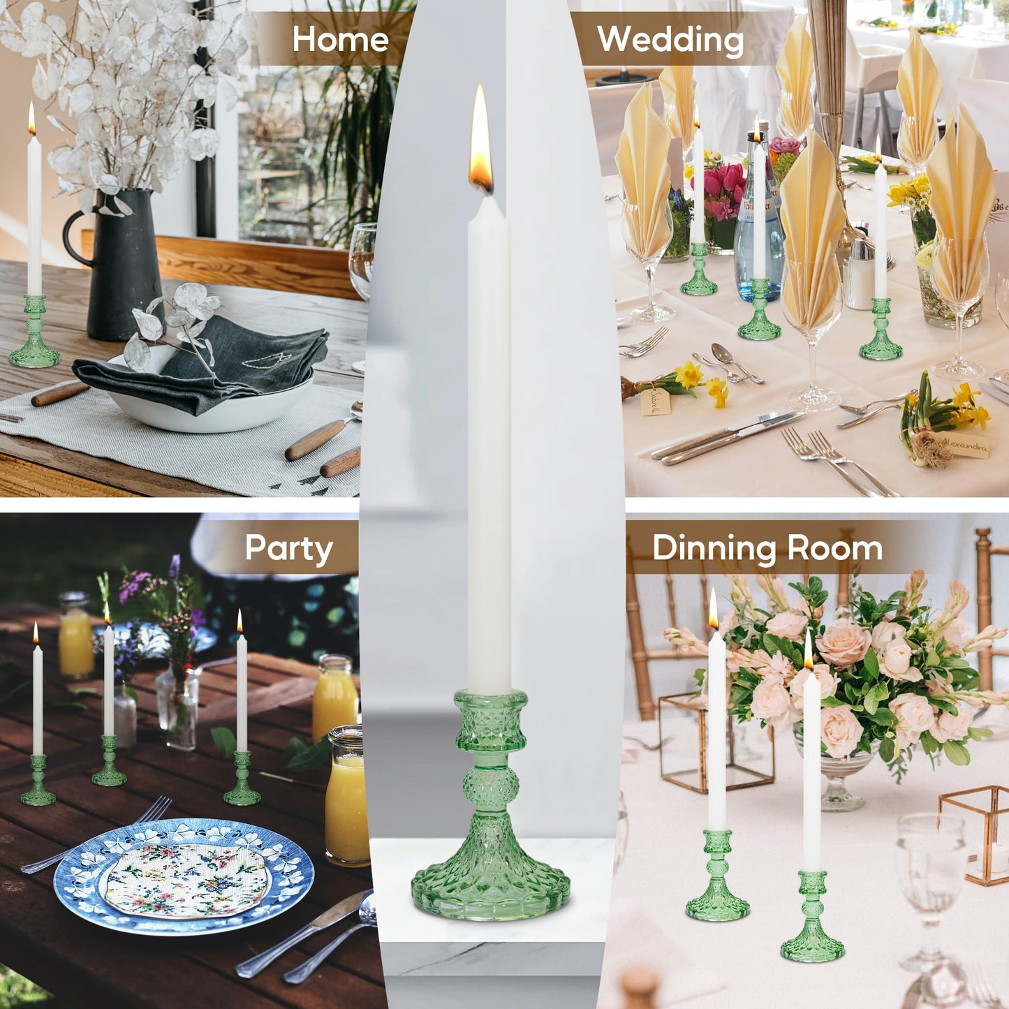 Glass Candlestick Holder Taper and Pillar Candle Holder, Desktop Decoration for Wedding Dinning Party-3 pcs(Green)