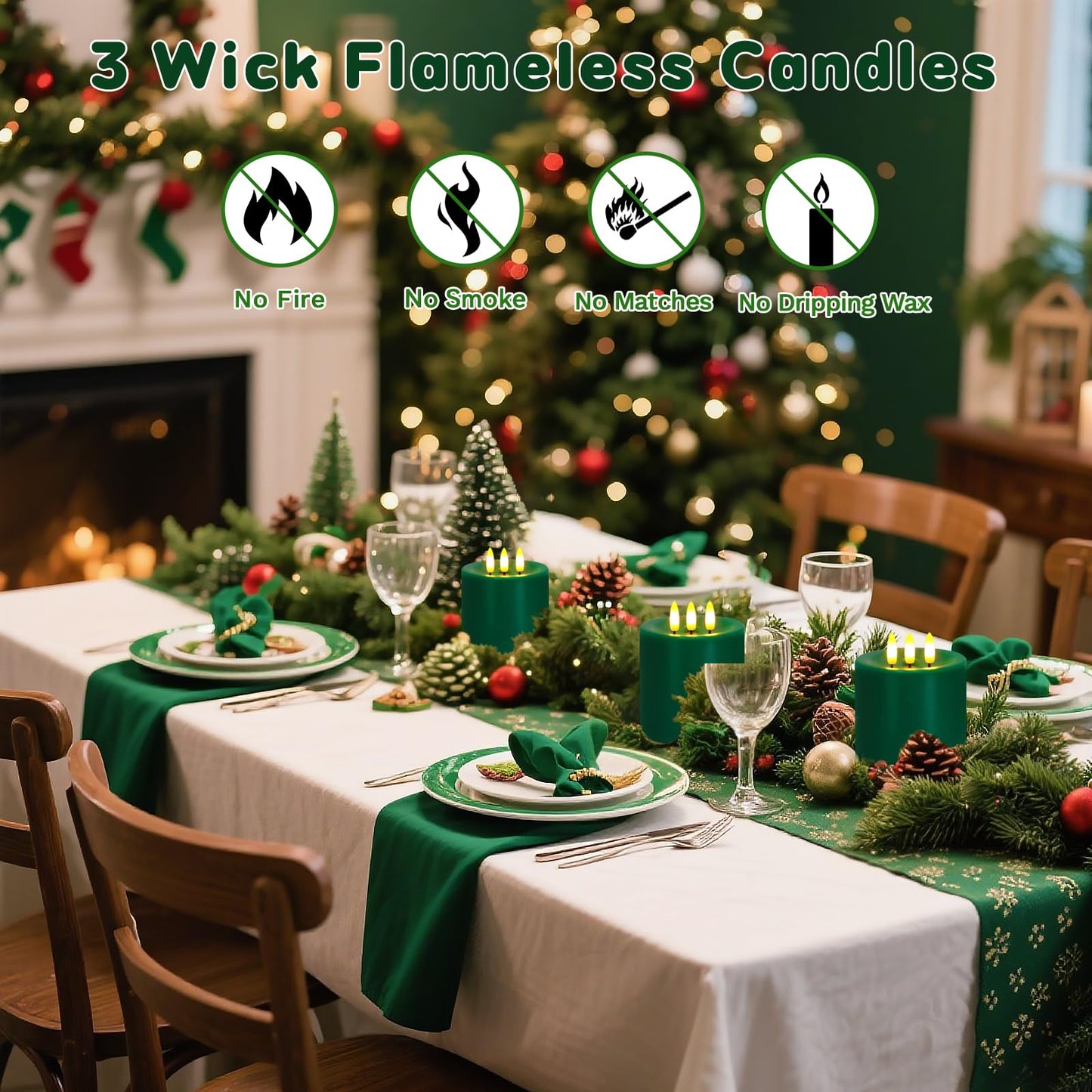 Large 3 Wick Flameless Candles, 4"x4" Flickering LED Candles with Remote & Timer, Dimmable Real Wax Pillar Candles Battery Operated, Green Candles for Home Christmas St. Patrick’s Day Decor (Green)