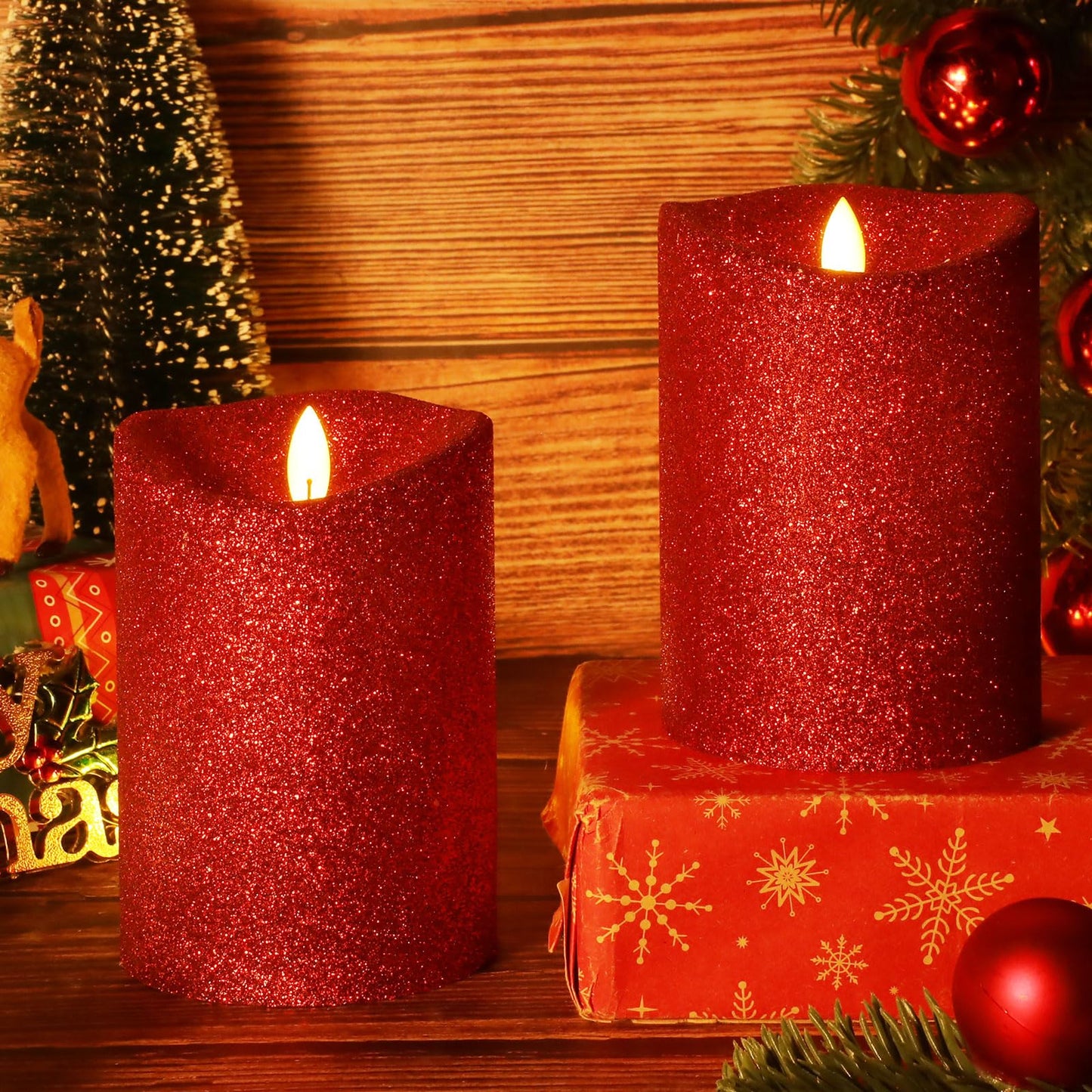 Retisee 4 Pack Valentine's Day Red Glitter Flameless Candles 3.5 x 5 Inches Flickering Flame Wick Pillar Battery Operated Real Wax LED Candles with Remote for Anniversary Wedding Home Decor