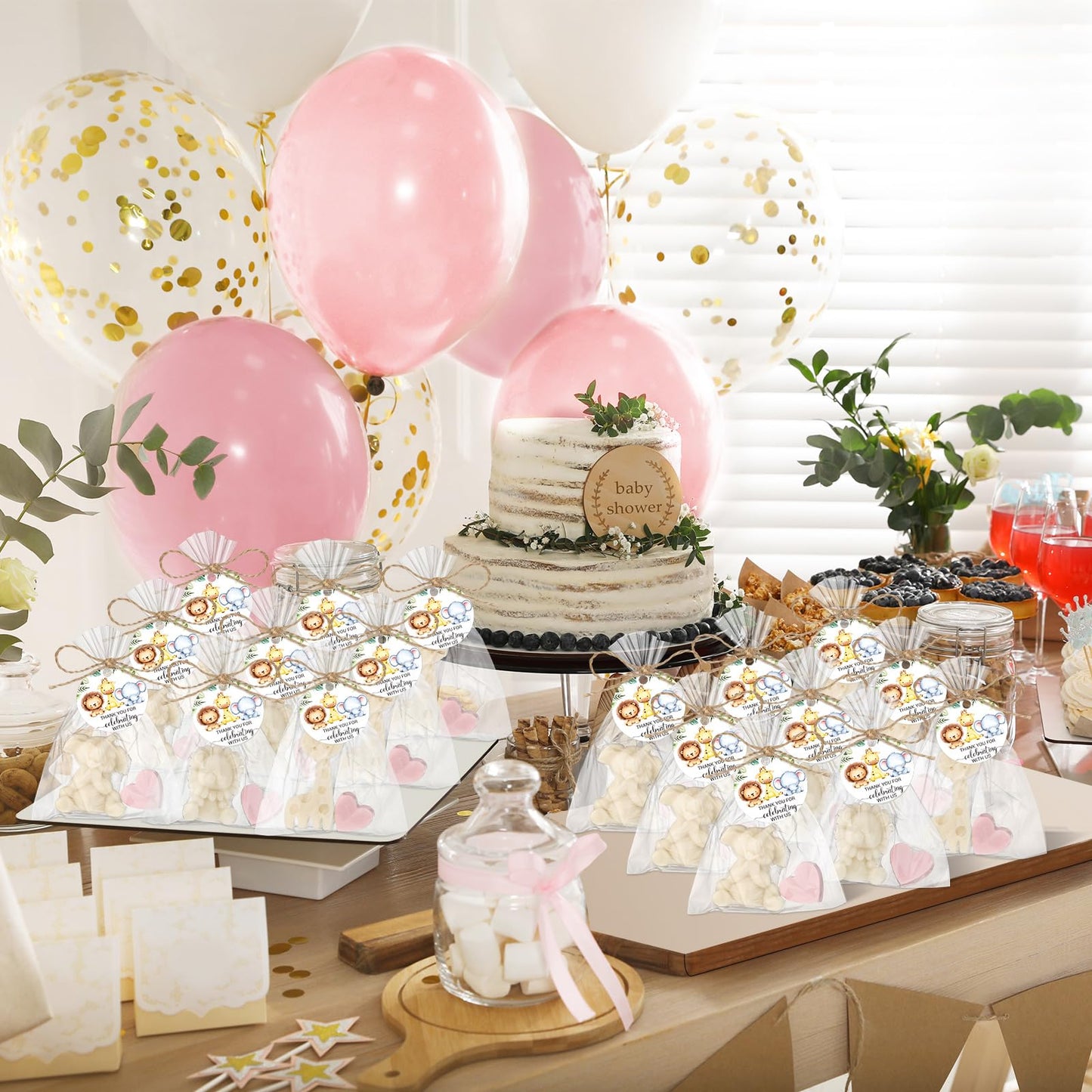 Demissle 20 Sets Safari Animal Baby Shower Soaps Favors for Guests Jungle Greeting Card Bath Gift for Birthday (Pink)
