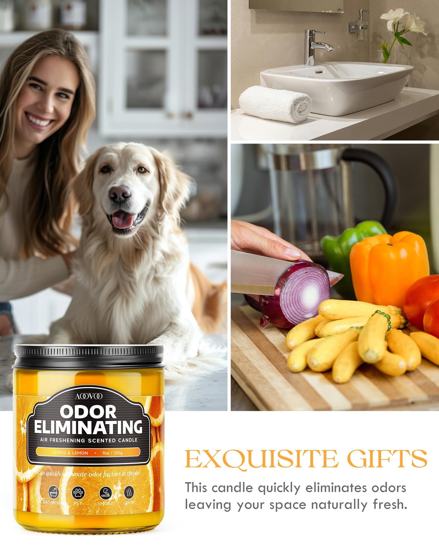 AOOVOO 4 Pack Citrus Lemon Odor Eliminating Highly Fragranced Candle Set - Eliminates 95% of Pet, Smoke, Food, and Other Smells Quickly, Non Toxic Air Freshing Soy Candle