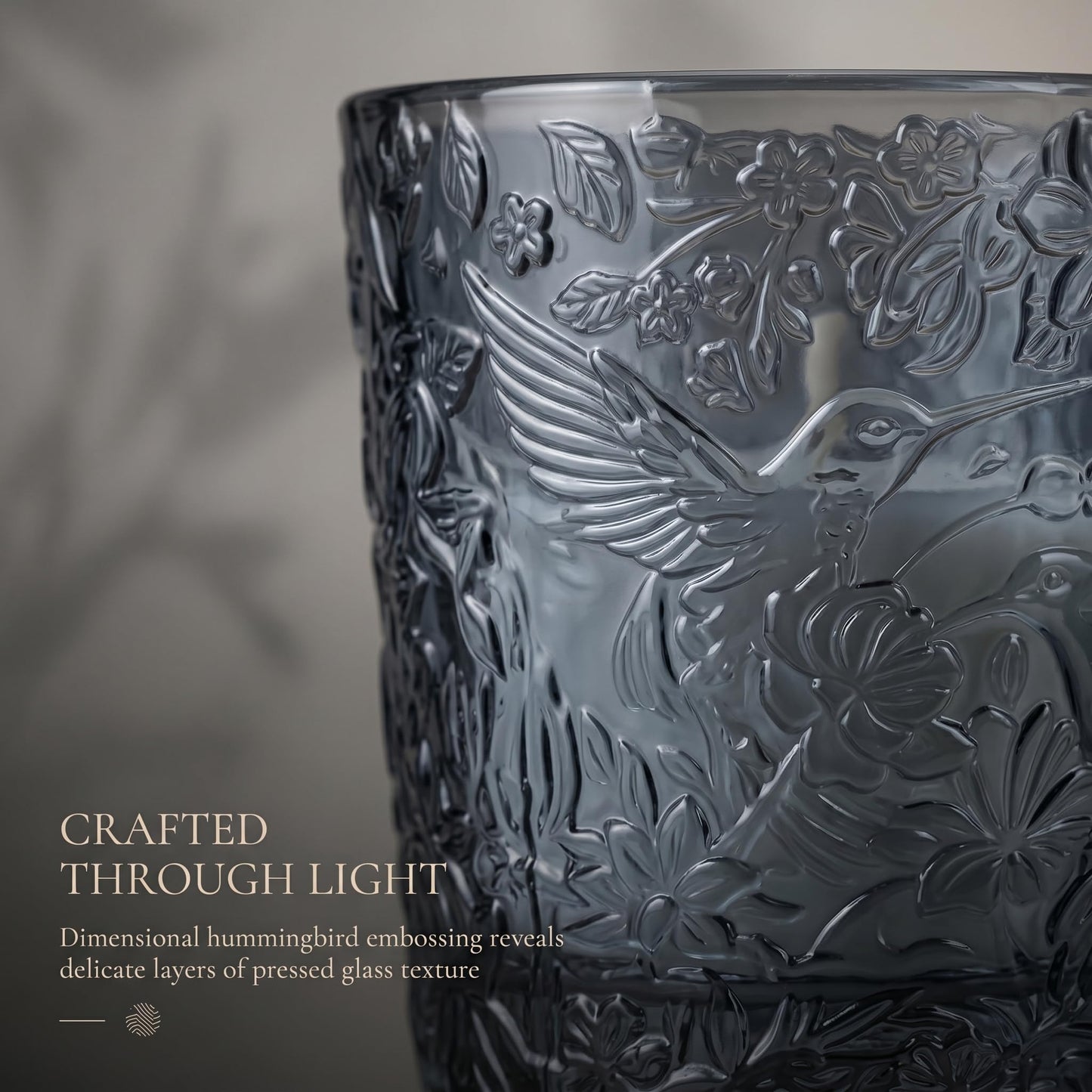 6 Pack Hummingbird Embossed Glass Candle Holders Votive Tealight Holders with Patent Design, Decorative Glass Cups for Wedding Centerpieces, Parties, and Home Decor (Smoky Quartz)