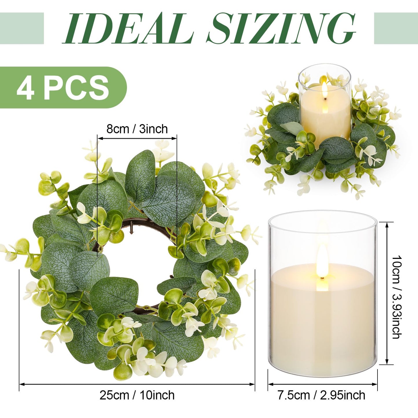Yunlly 4 Pcs Candle Wreaths Rings Artificial Eucalyptus Wreaths Candle Holder Rings with LED Flameless Candles, 9.5" Wide for Wedding Windows Table Centerpieces, Green and White
