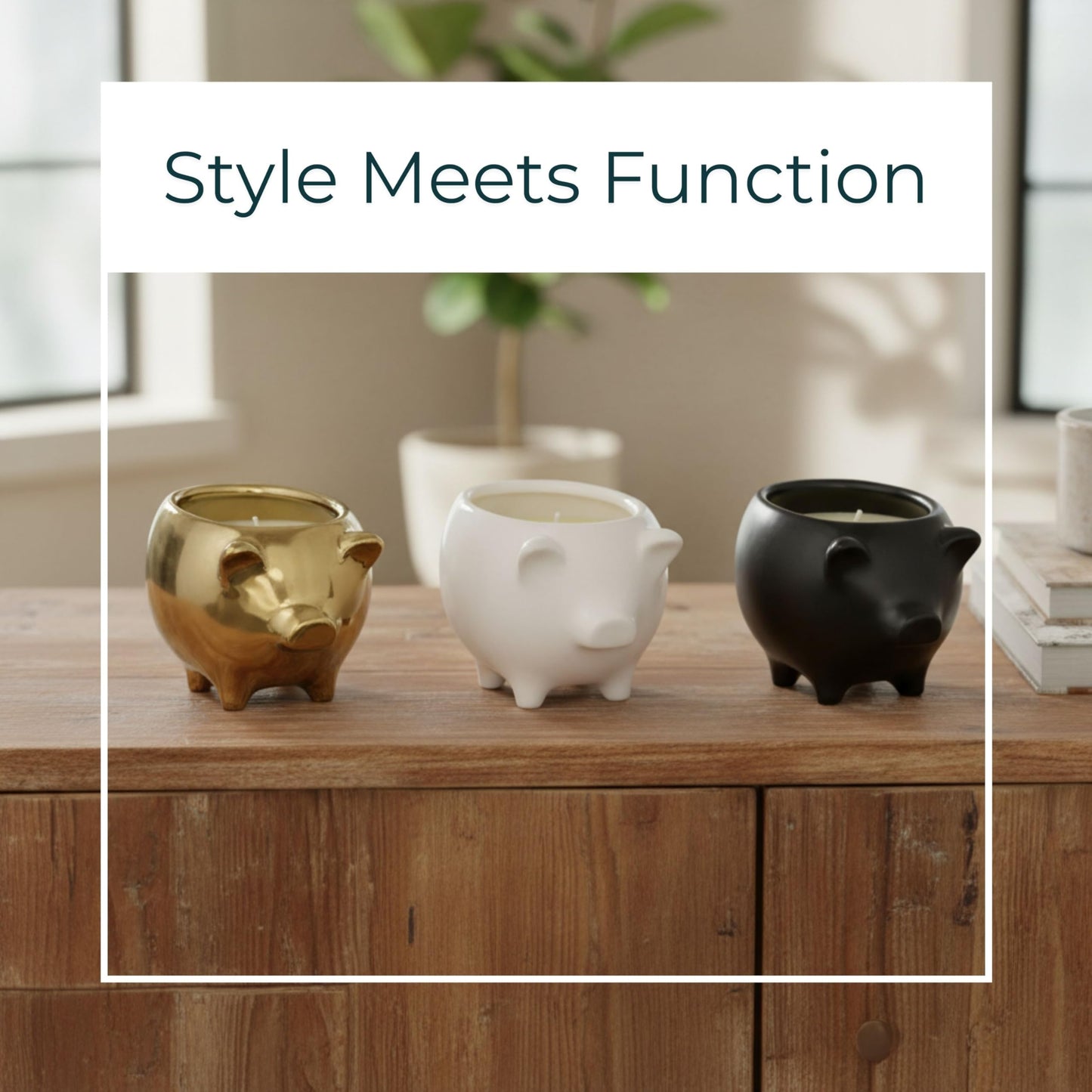 Ceramic Candle Set – Scented Candle for Relaxation and Soft Ambience, Living Room or Bedroom Decor Placement, Pig Animal Shaped Home Decor Design Accent – 4x6, Black, Gold & White Trio