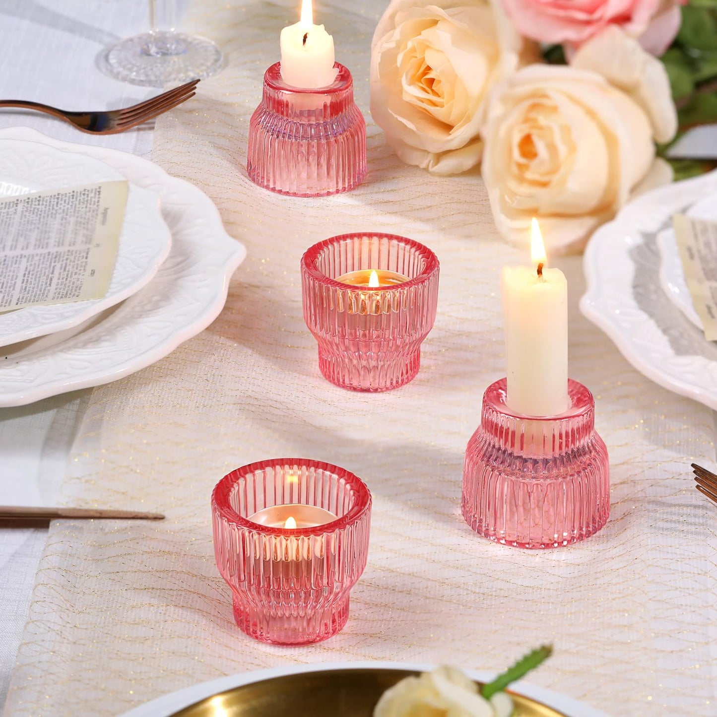 HAVITI 12 Pack PinkTaper Candle Holders, Glass Candlestick Holders, Tea Light Candle Holder for Fall Wedding Centerpieces Table Decorations, Votive Candle Holders for Table Decor