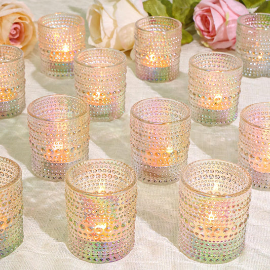 SUPMIND 24 Pcs Votive Candle Holders, Glass Holders Bulk for Table Centerpiece, Tea Lights Candle Holders for Wedding Shower, Party and Home Decor Iridescent