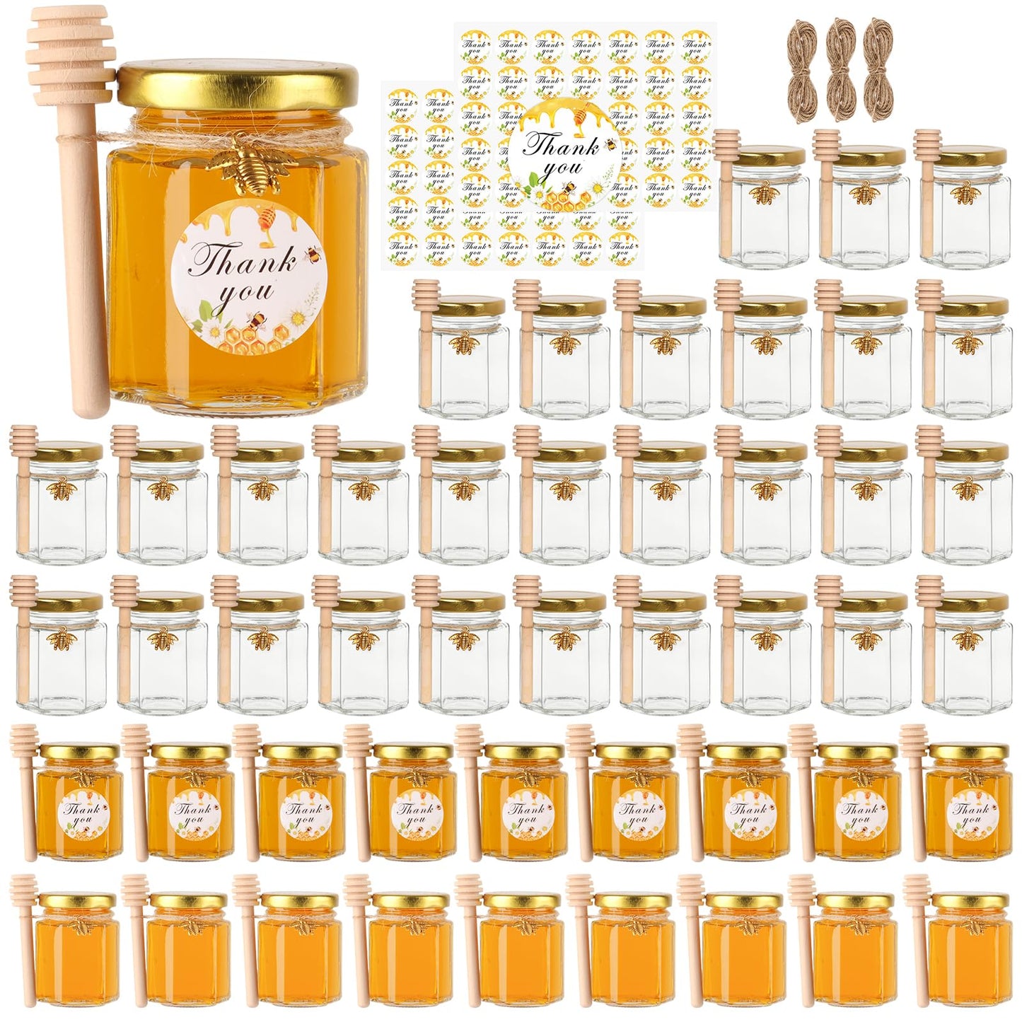 BIGIVACA 3 oz Hexagon Mini Glass Honey Jars with Wood Dippers,48 Pack Small Honey Jars with Gold Lids,Bee Pendants,Jutes,Bee Stickers,Perfect for Baby Shower,Wedding Favors,Party Favors