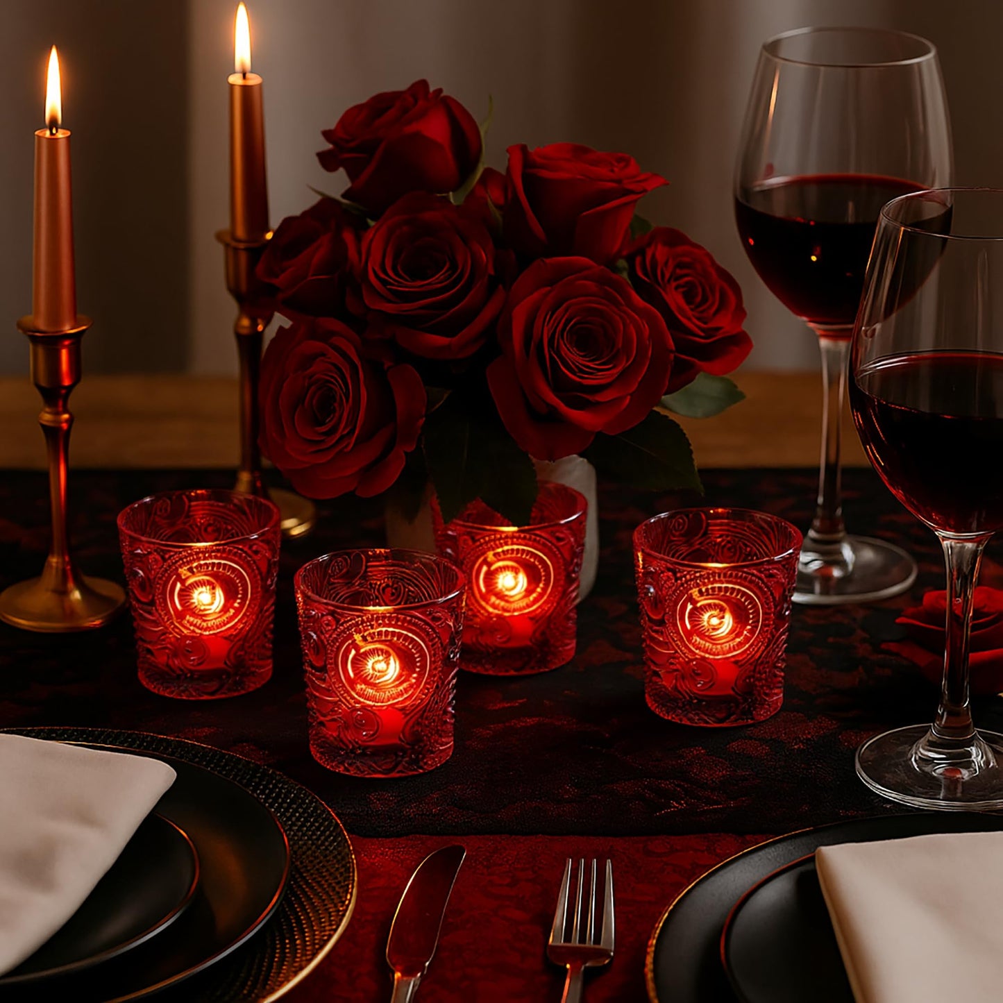 6 Pack Sun Moon Star Embossed Glass Tea Light Candle Holders - Votive Candle Holders for Wedding, Party, Home Decor, and Table Centerpieces (Ruby Red)
