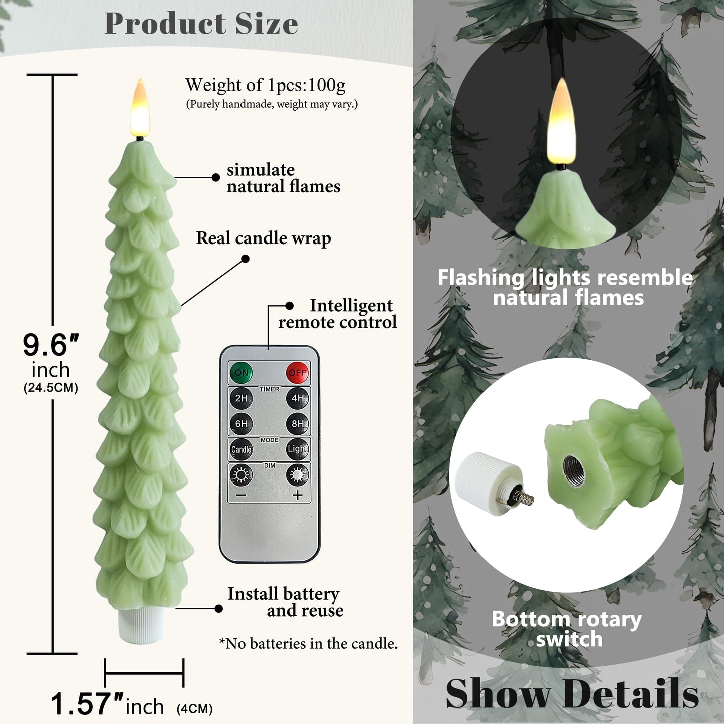 FCMSHAMD Light Green Christmas Trees Flickering Flameless Candles with Remote and Timer, Real Wax 3D Flame Wick LED Candles, 9.8 Inch Battery Operated Candles for Christmas Home Decoration，4PCS