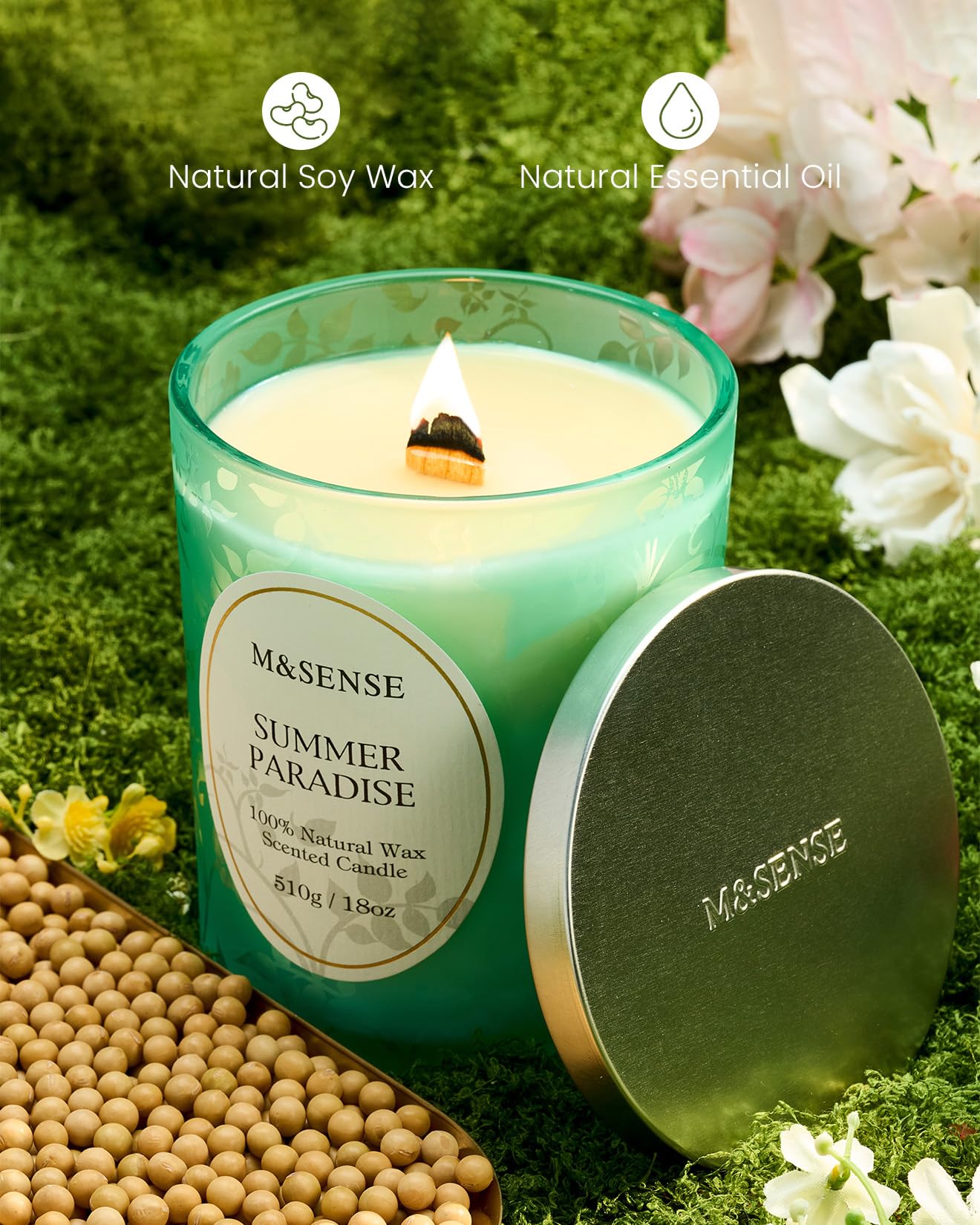 M&SENSE Summer Paradise Scented Candle, Cracking Wooden Wick Soy Wax, 18oz 100 Hours Long Lasting Clean Burn, Large Jar Candles for Home Decor, Non-Toxic Relaxing Aromatherapy Gifts for Women