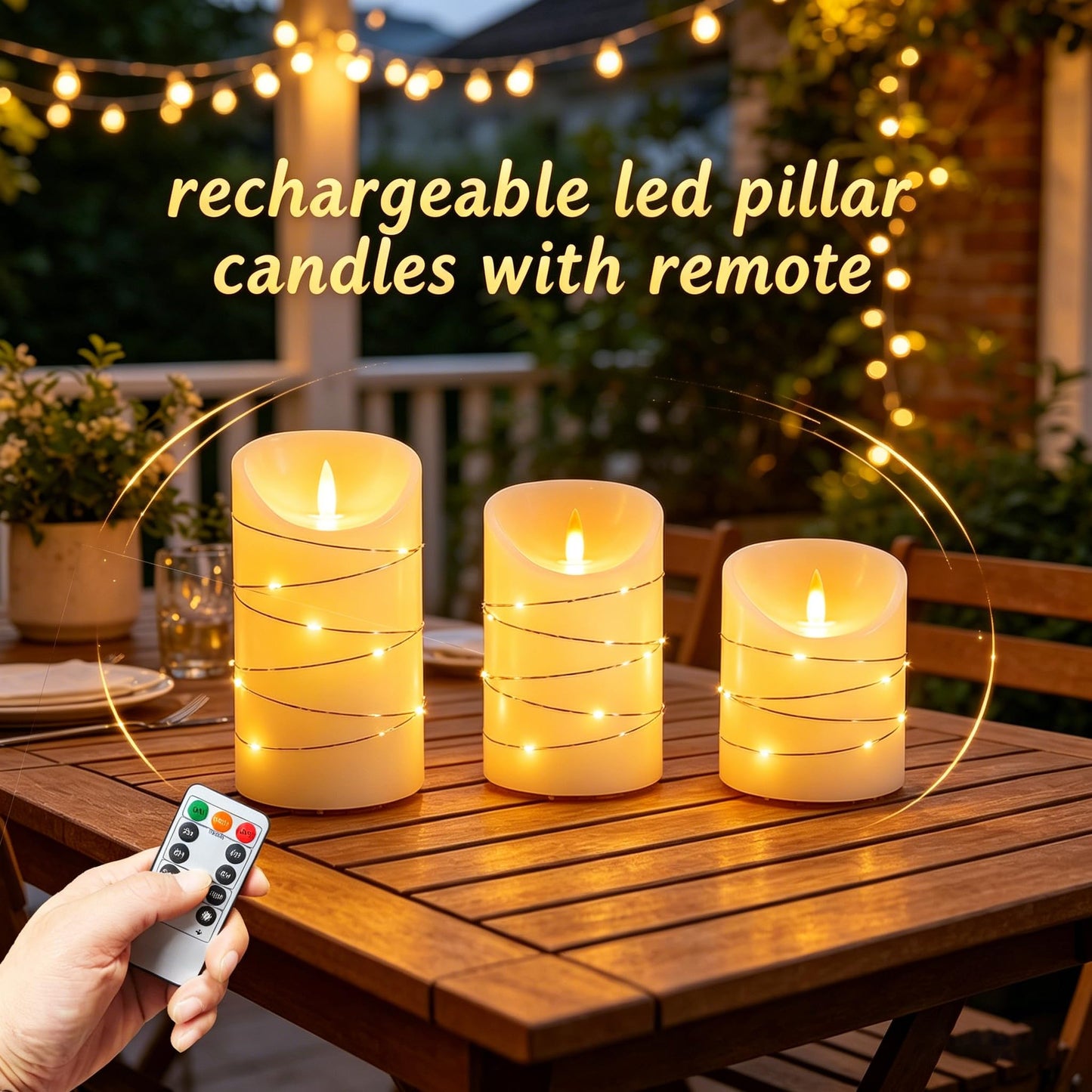 haitanghua Rechargeable Flameless Candles Set of 3, Real Wax LED Pillar Candles with Flickering Flame & Fairy String Lights, USB Rechargeable, Remote Control & 2/4/6/8H Timer, Ivory
