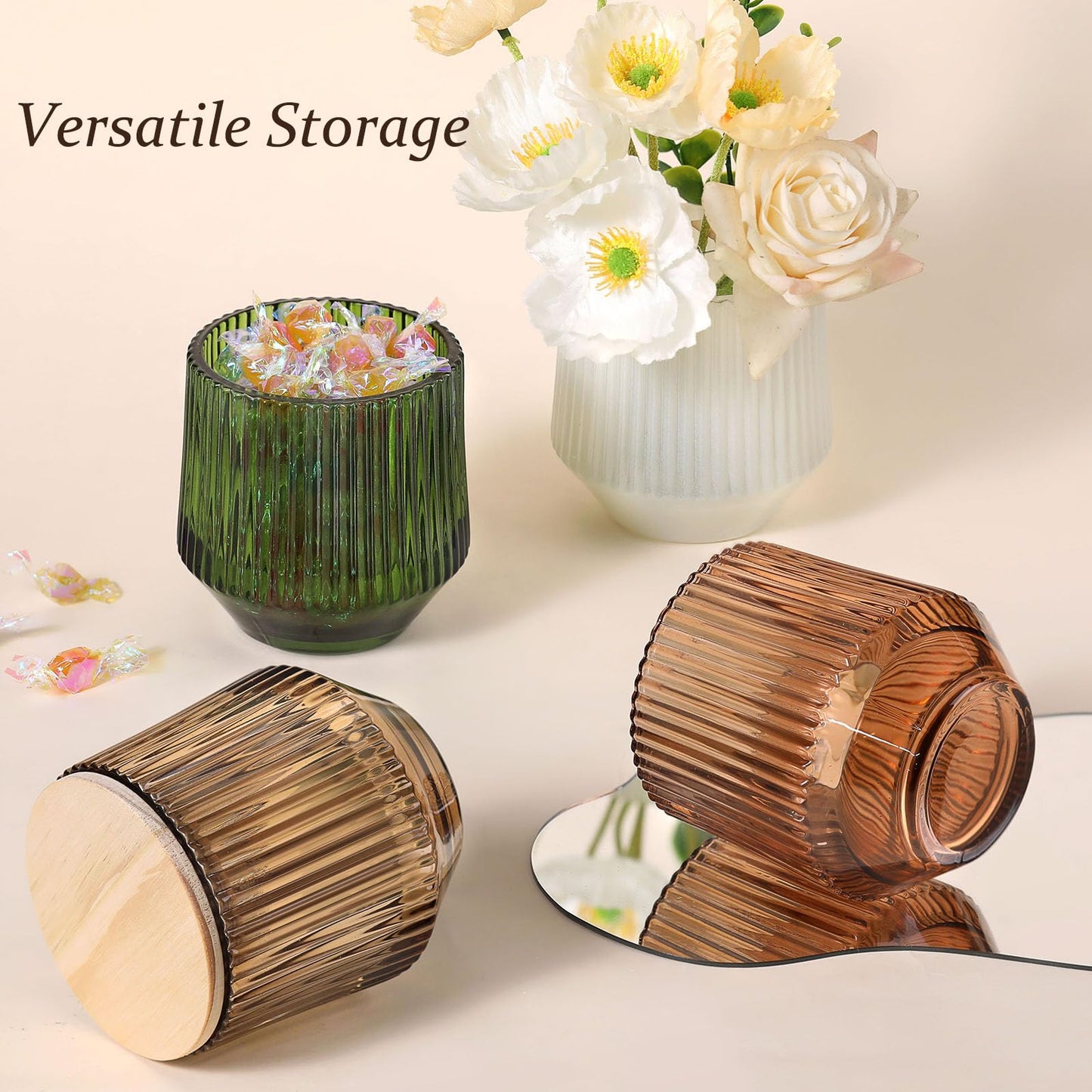 Simeitol 13 OZ Candle Making Kit - 6 Pack Amber Ribbed Glass Jars With Bamboo Lids and Wick Kit for Containers