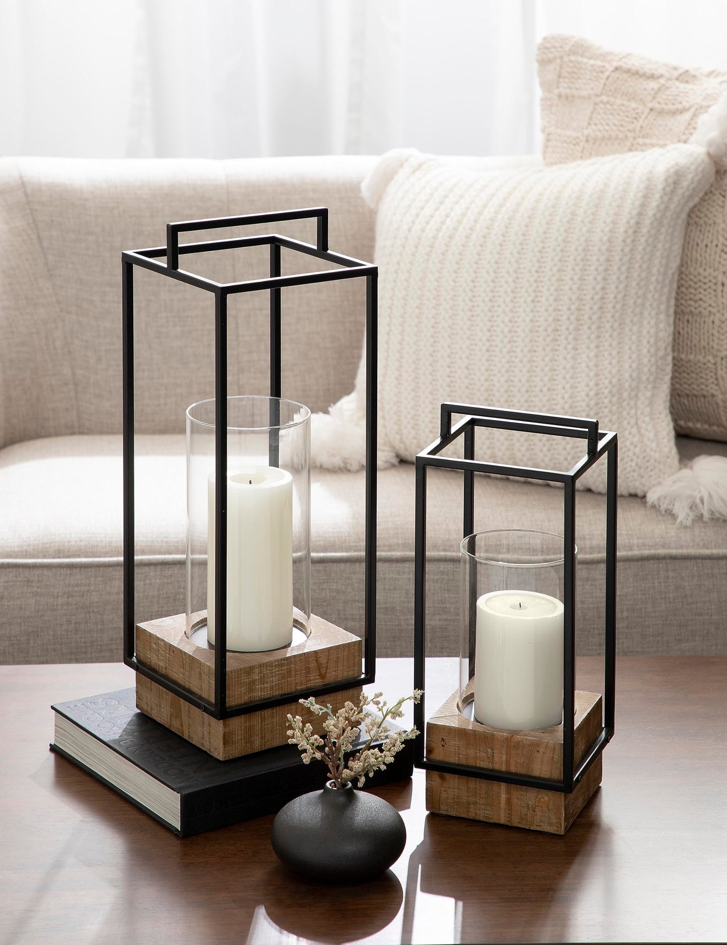 Kate and Laurel Brandt Farmhouse Two-Piece Candle Holder Set; 7 x 7 x 19; Hazelnut and Black; Transitional Wood and Metal Lantern Candle Holders for Fireplace Mantel Display