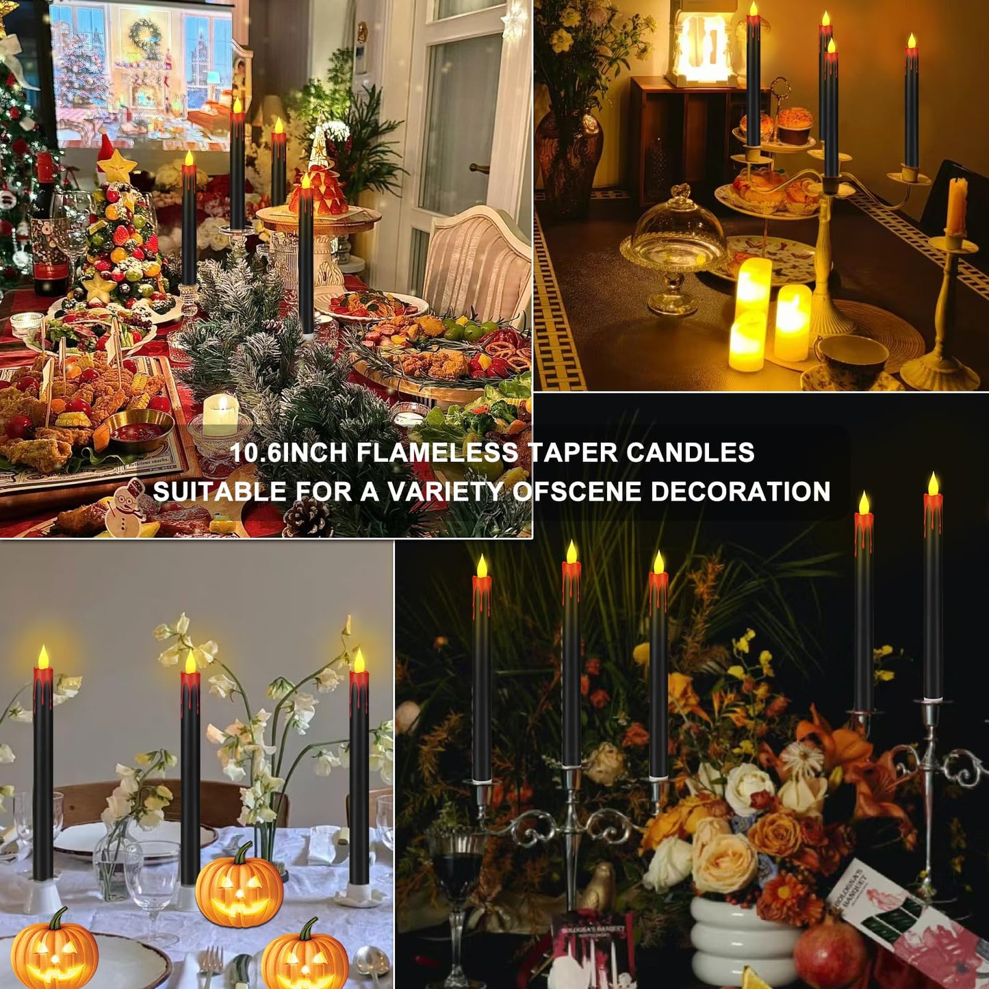 wemarry Flameless Taper Candles 10.6" Dripless Battery Operated Taper Candles Included Remote Timer 400+ Hours by 2AA Batteries for Halloween Christmas Wedding (Black+Burgundy, 6 Pack)