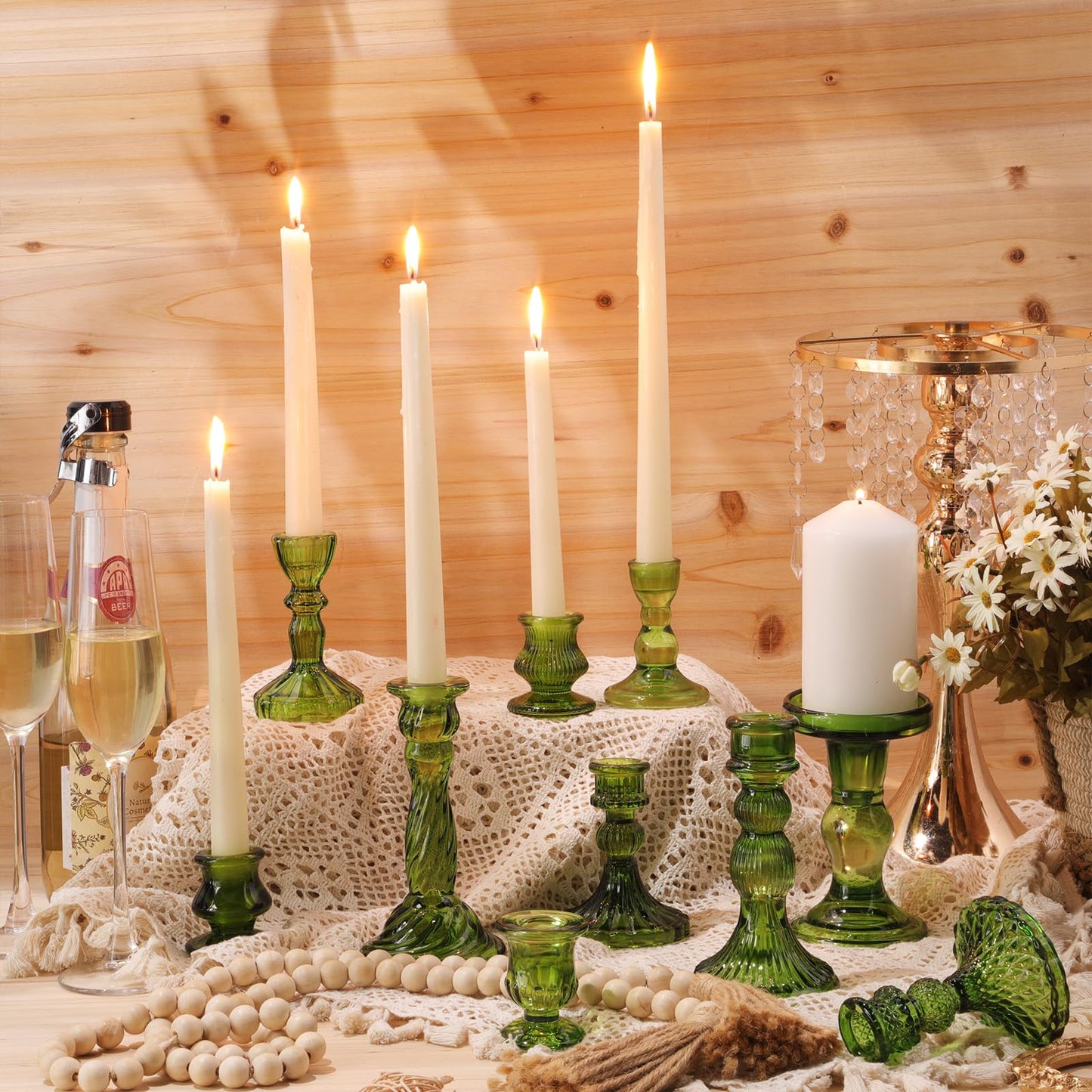 Mumufy 10 Pcs Glass Crystal Taper Candle Holders Clear Glass Candlestick Holder Fit 0.8 Inch Candles Crystal Decorative Candle Stand Centerpiece Table Wedding Dining Party (Classic,Green)