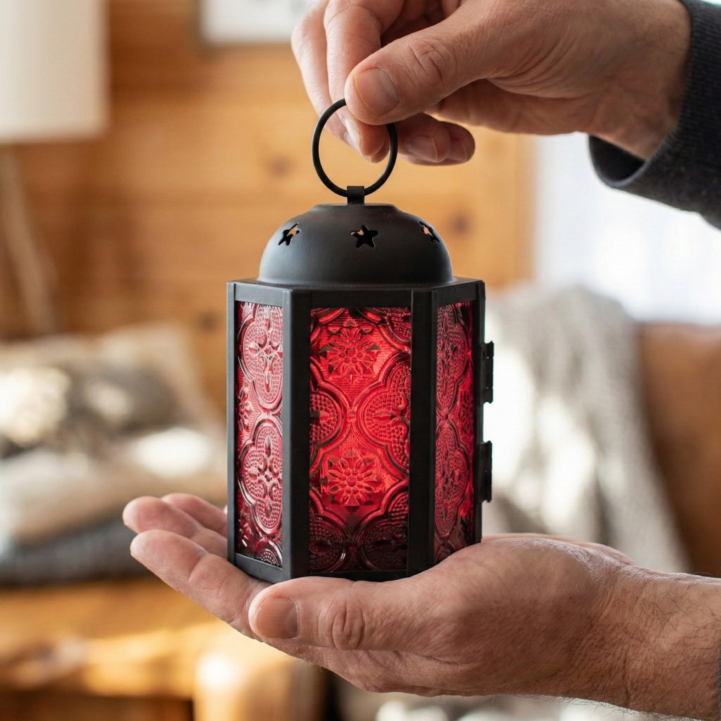 VELA LANTERNS Mini Moroccan Tea Light Candle Holder Lanterns – 4.25" Small Decorative Lantern for Table or Hanging, Metal with Glass Panels – Ramadan, Wedding, Home Decor, Ruby Red (Set of 4)