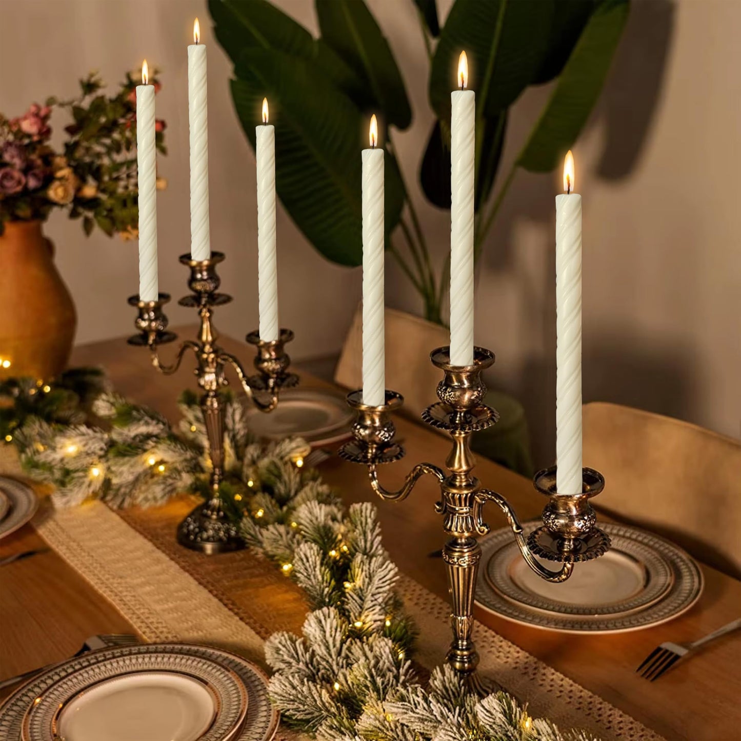 Unscented Taper Candles Dripless Ivory Yellow Spiral Candles Smokeless Long Dinner Candles 10 Inch Housewarming Candlesticks for Home Decoration