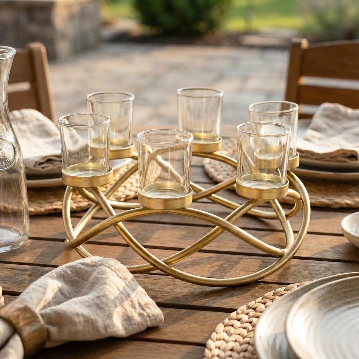 Seraphic Centerpieces for Table Decorations - Round Candle Holders for Outdoor Patio, Dining, Kitchen, Coffee & Wedding Table Decor, Gold Iron Candelabra, 6 Clear Glass Votive Tealight Cups