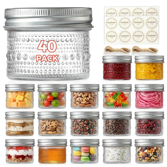40 Pack Small Glass Jars with Lids - 4oz Vintage Embossed Mini Mason Jars ,Regular Mouth Mason Canning Jar with Seal Bands for Jam, Honey, Jelly, Dessert, Spice, Wedding Favors, DIY Candles Decor