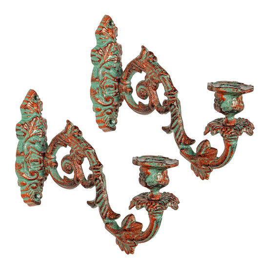 Sungmor Set of 2 Ornate Cast Iron Wall Candle Sconces,Distressed Copper with Green Accents,Vintage Taper Candle Holders,Decorative Wall-Mounted Sconces for Living Room,Bedroom and Farmhouse Decor