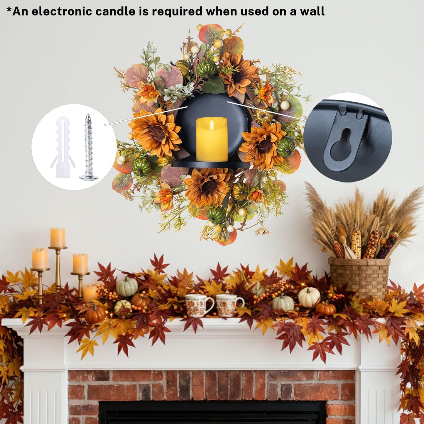 MOYEE Autumn Candle Holder Centerpieces for Tables,Candle Ring, Black Metal Candlestick with an Artificial Wreath 14 in Versatile Dining Table Centrepiece (Caramel Sunflower Wreath)